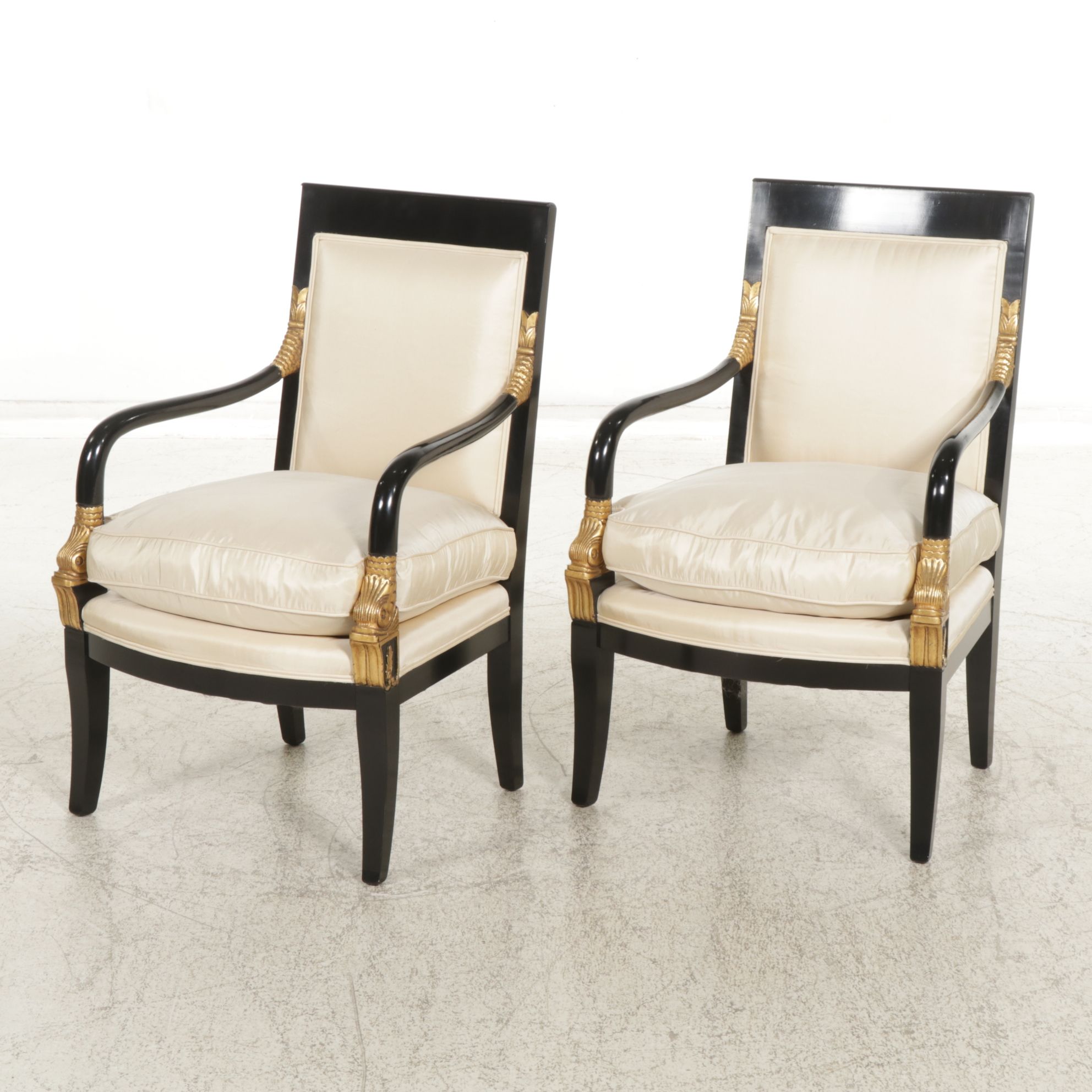 Pair of Empire Style Ebonized Wood Armchairs with Giltwood Accents