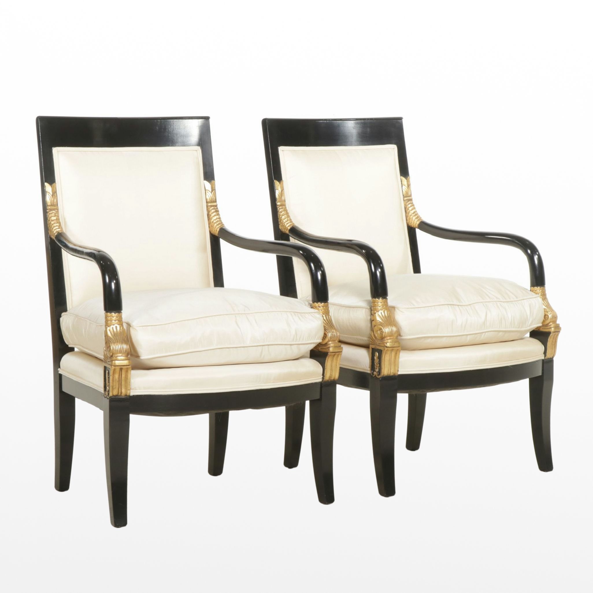 Pair of Empire Style Ebonized Wood Armchairs with Giltwood Accents
