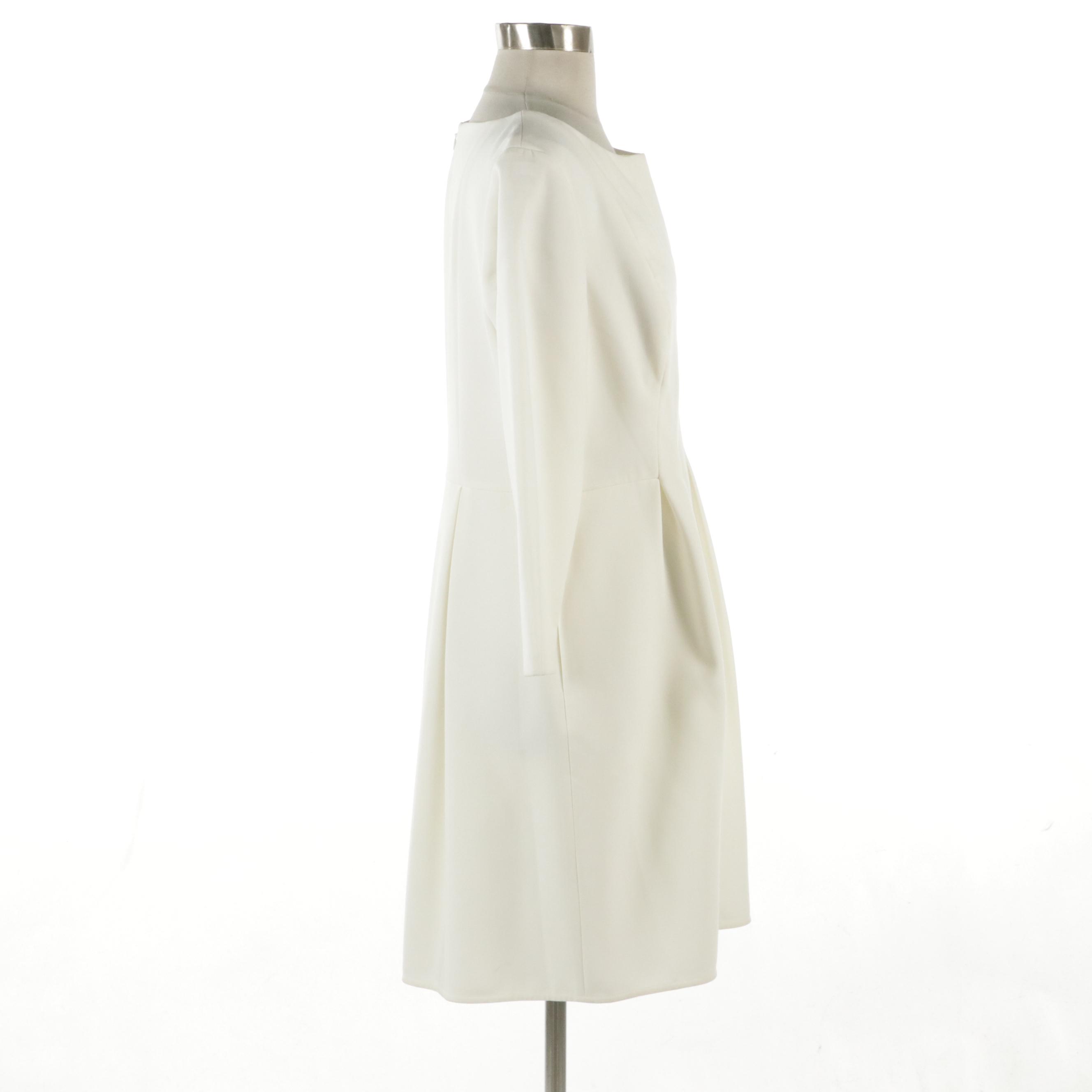 Halston Heritage Evening White Pleated Polyester Crepe Dress, With Tags