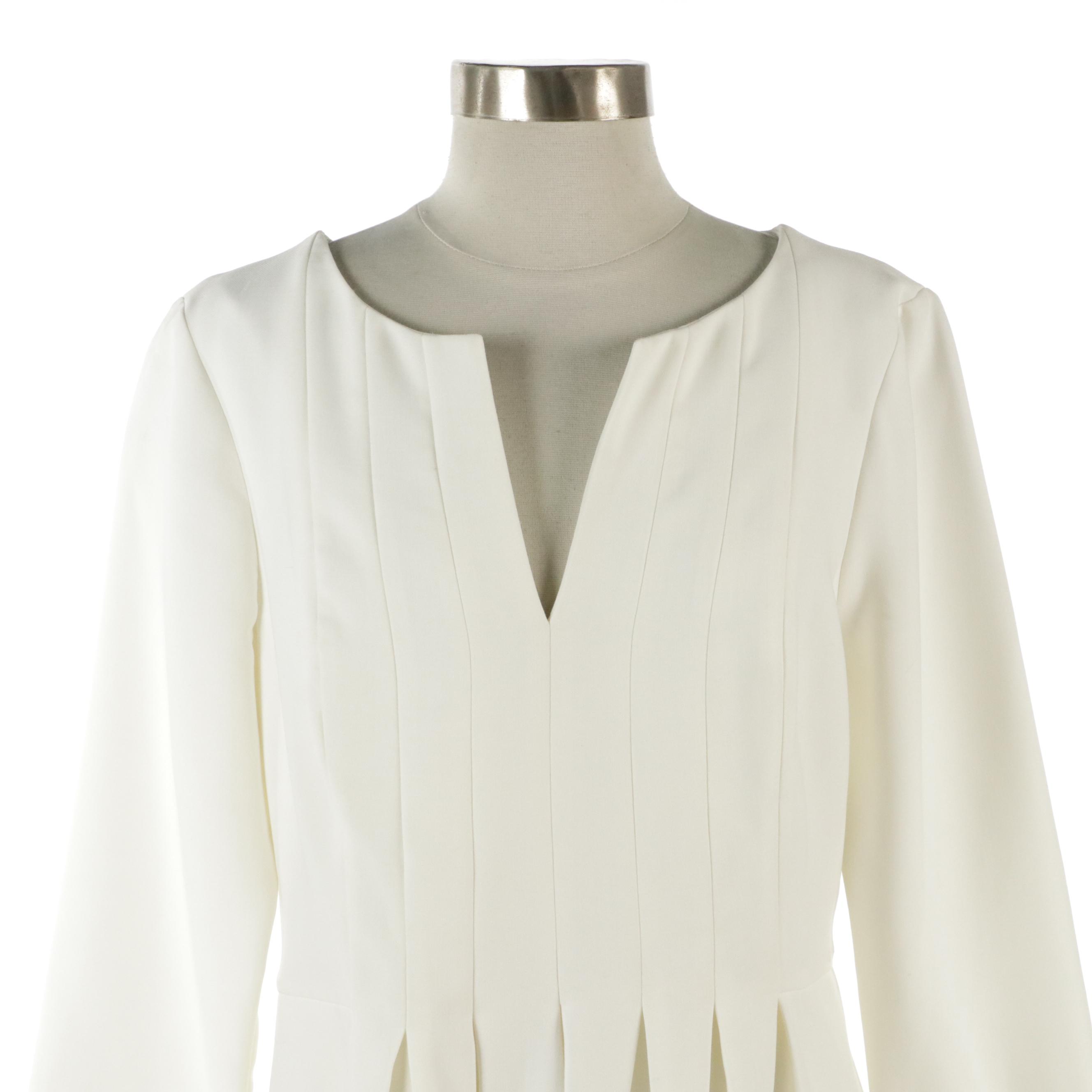 Halston Heritage Evening White Pleated Polyester Crepe Dress, With Tags