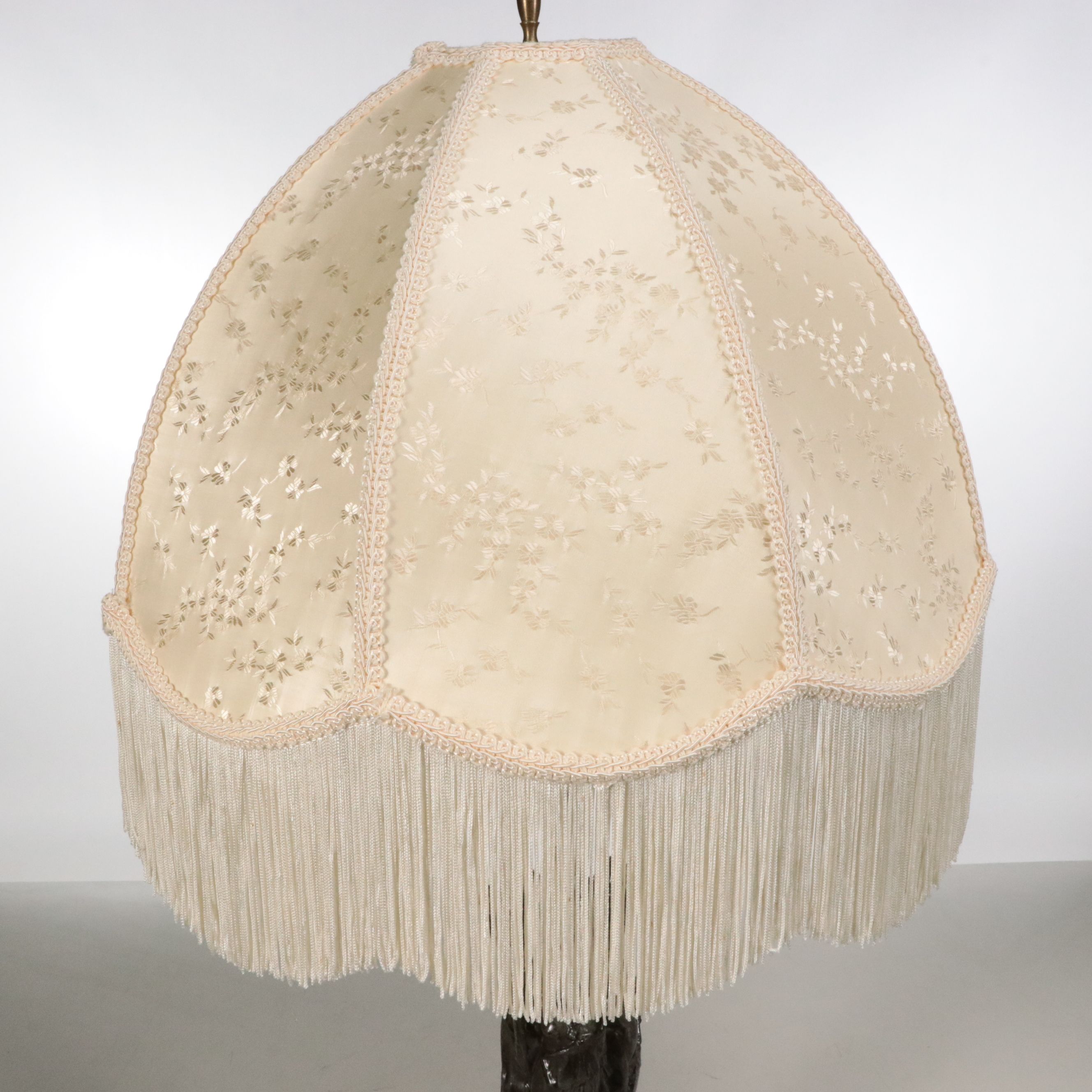 Meyda Tiffany "Three Graces" Table Lamp with Embroidered and Fringed Shade