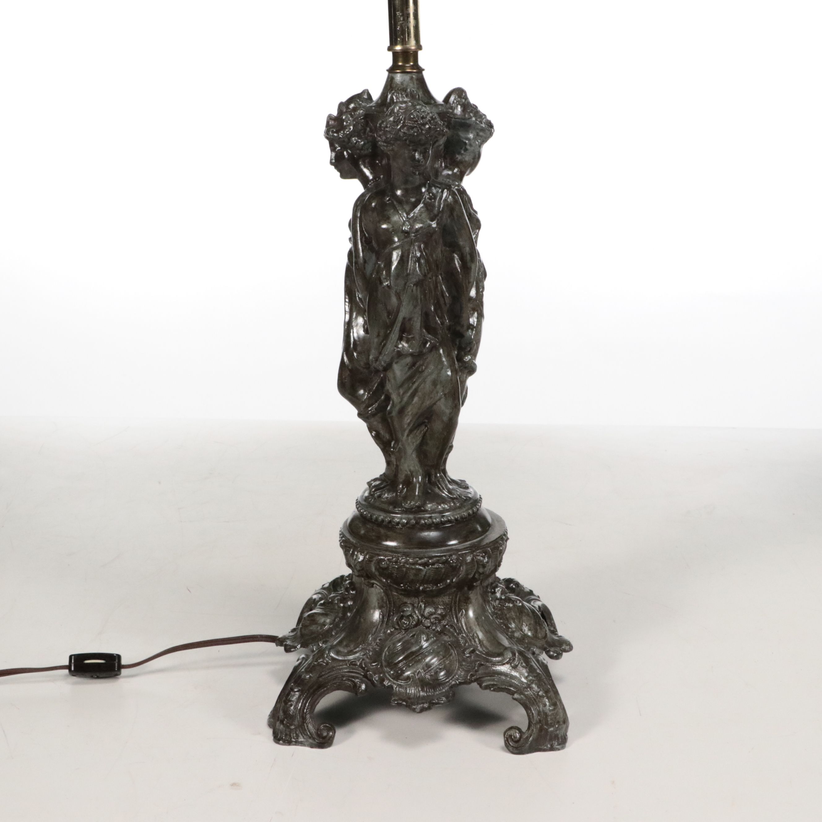 Meyda Tiffany "Three Graces" Table Lamp with Embroidered and Fringed Shade