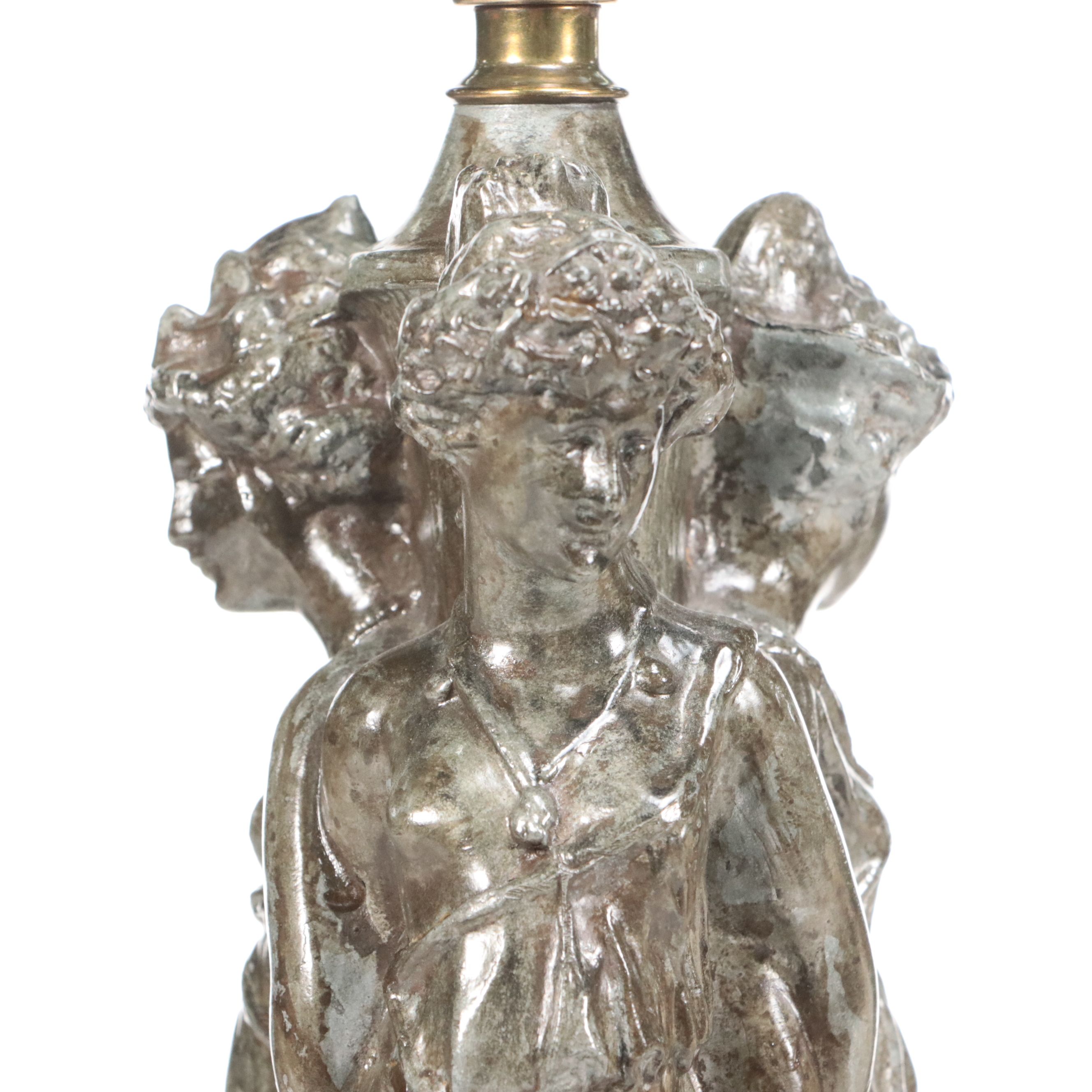 Meyda Tiffany "Three Graces" Table Lamp with Embroidered and Fringed Shade