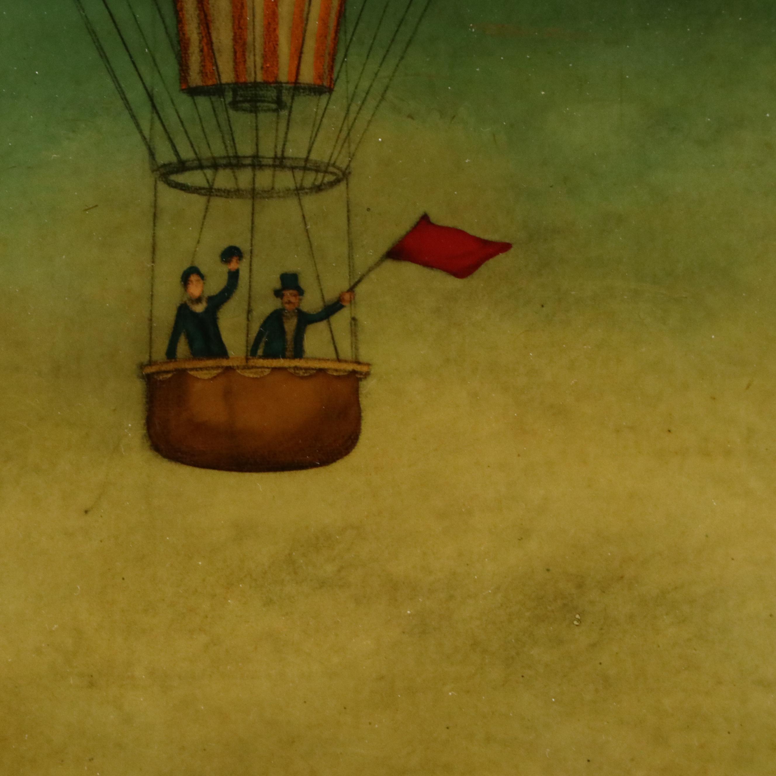 Hot Air Balloon Scene Hand-Embellished Reverse Glass Collotype, 20th Century