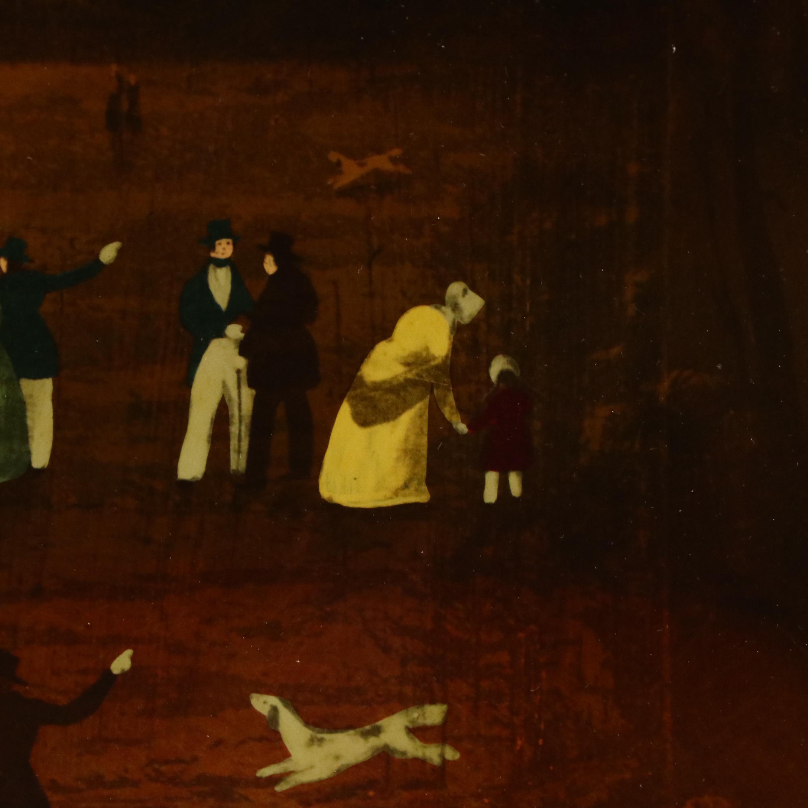 Hot Air Balloon Scene Hand-Embellished Reverse Glass Collotype, 20th Century