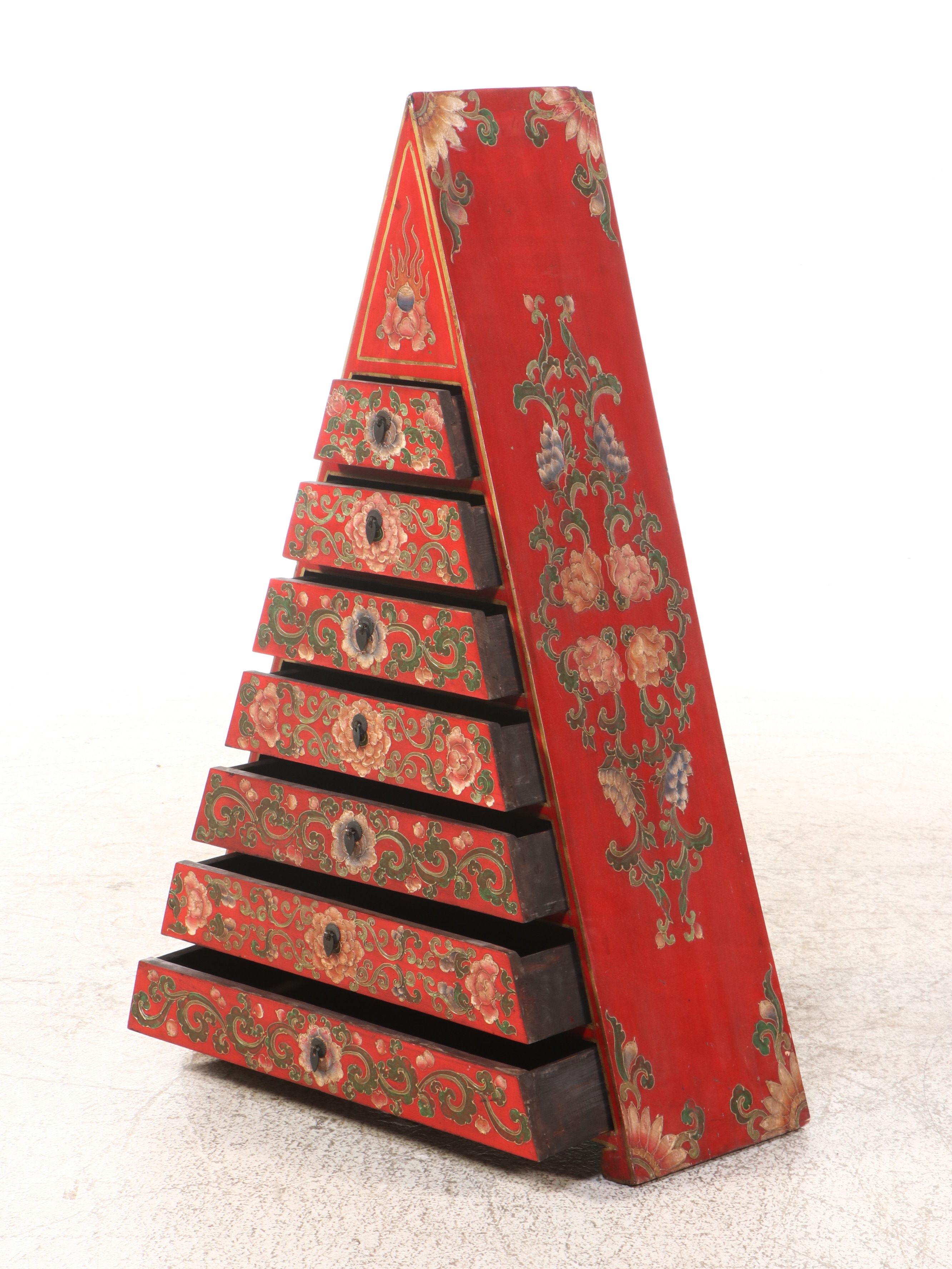 Southeast Asian Style Polychrome Wood Pyramid-Shaped Chest of Drawers