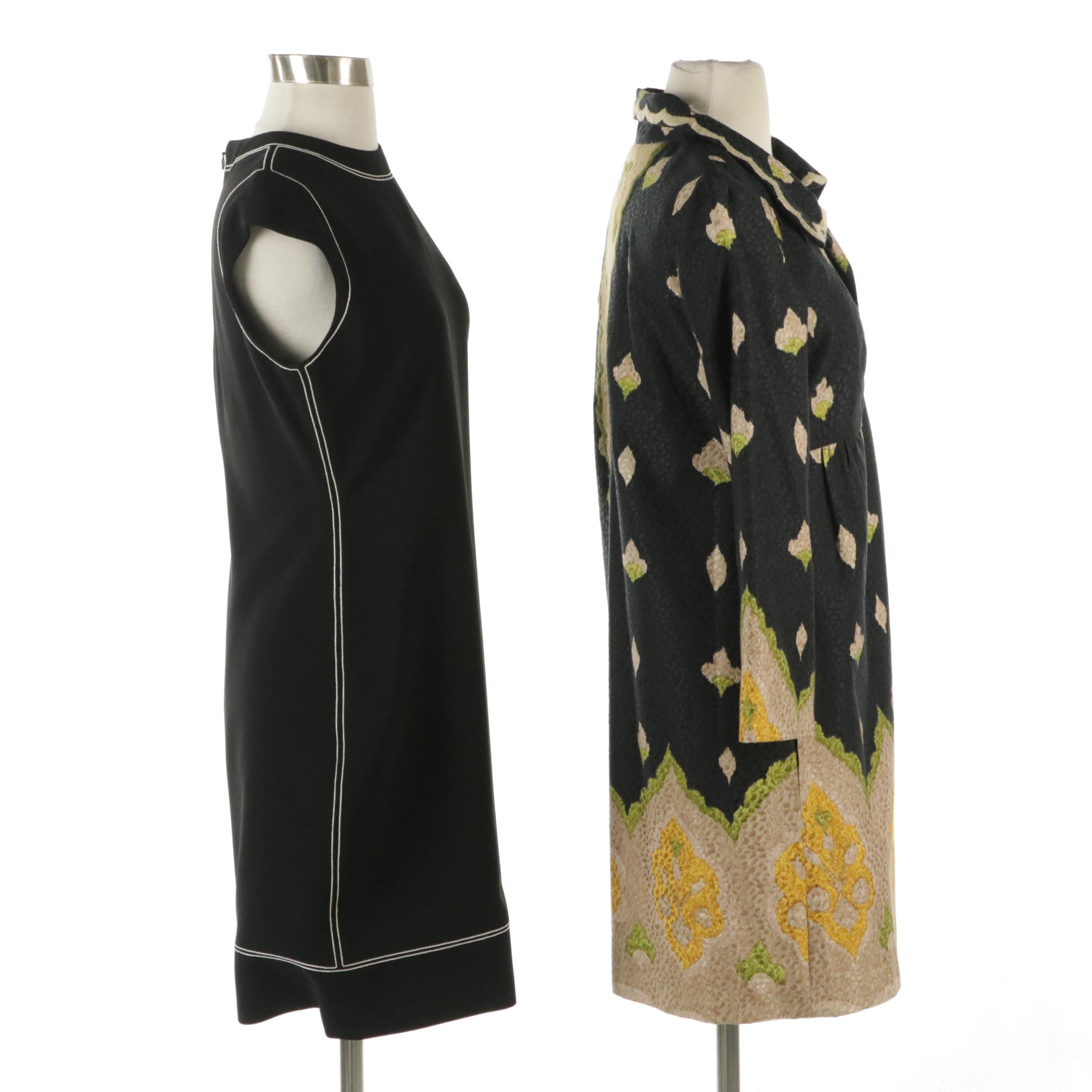 Theory Top Stitched Crepe Mini Dress and Elevenses Floral Jacquard Coat