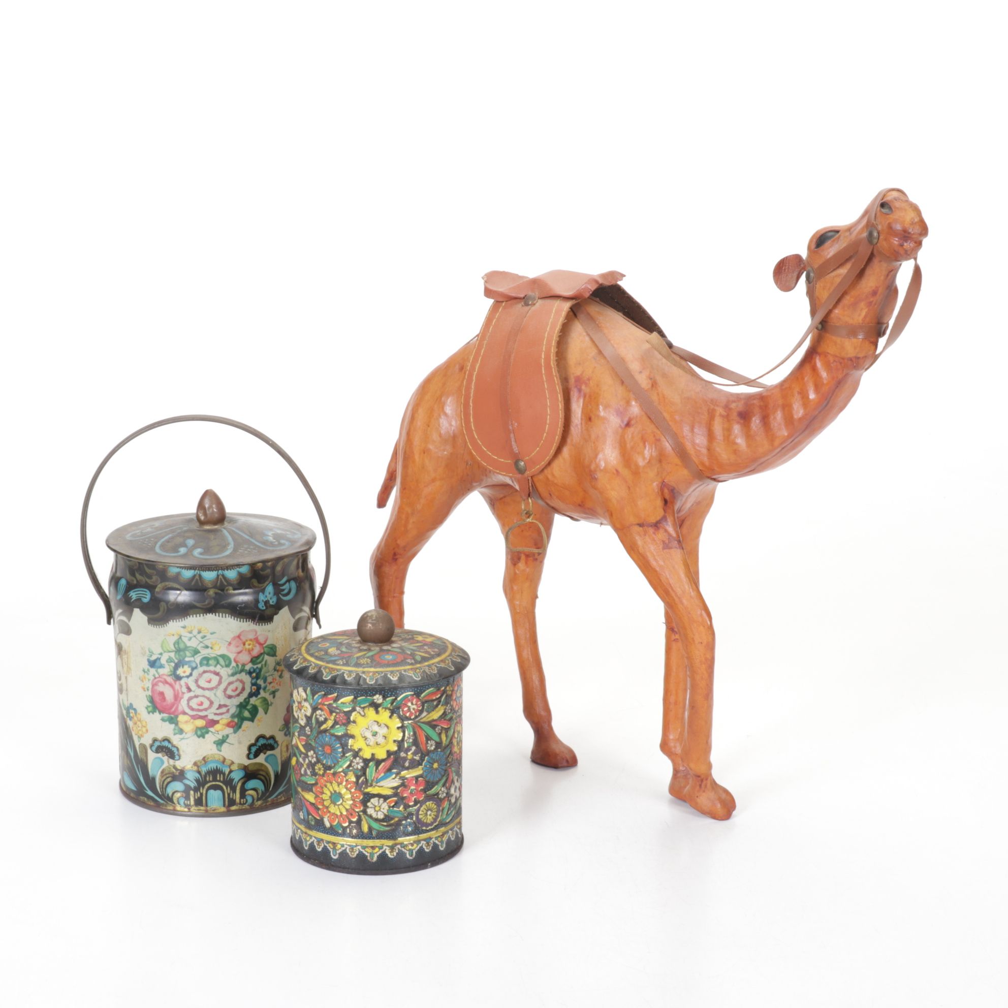Molded Leather Camel Figurine & Food Tins