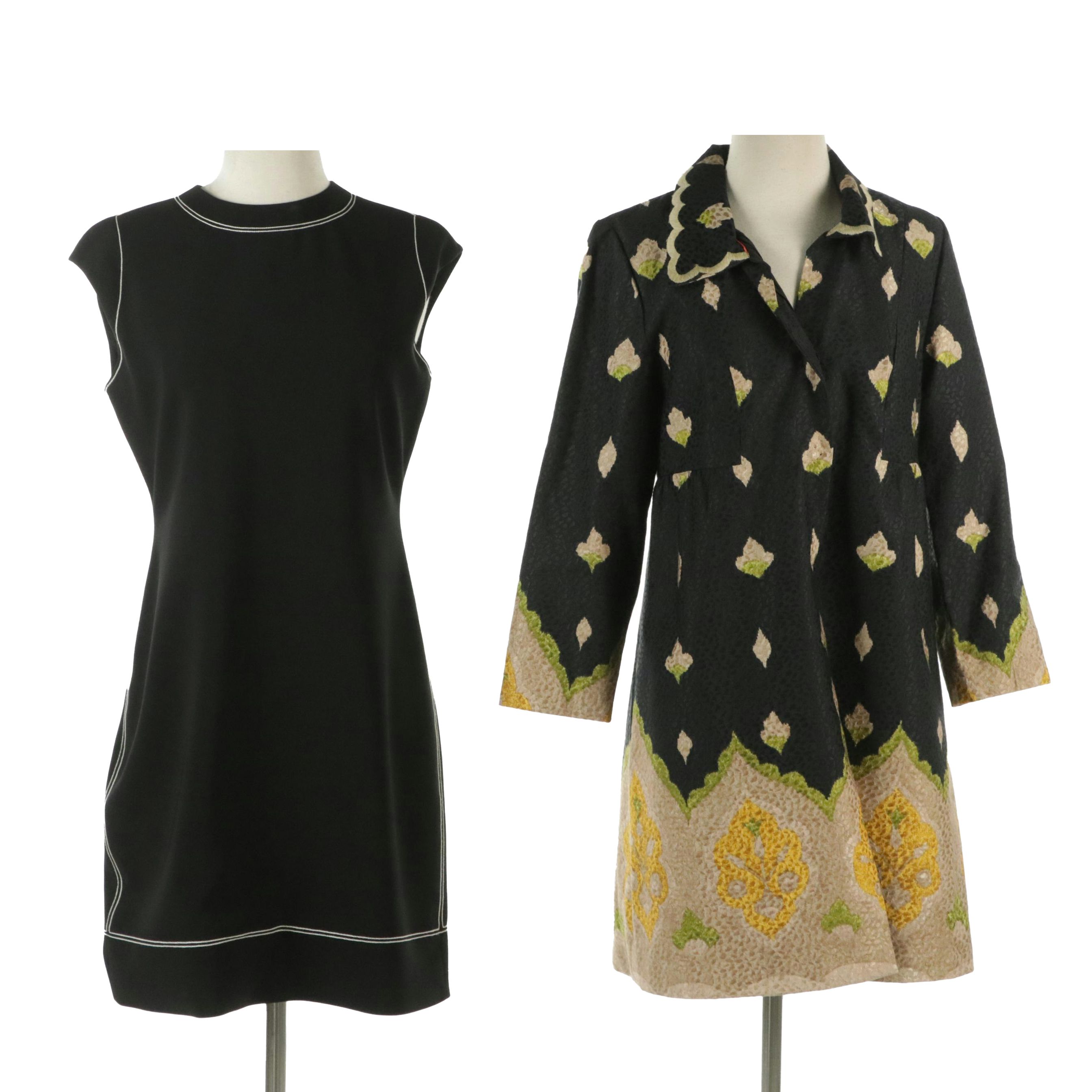 Theory Top Stitched Crepe Mini Dress and Elevenses Floral Jacquard Coat