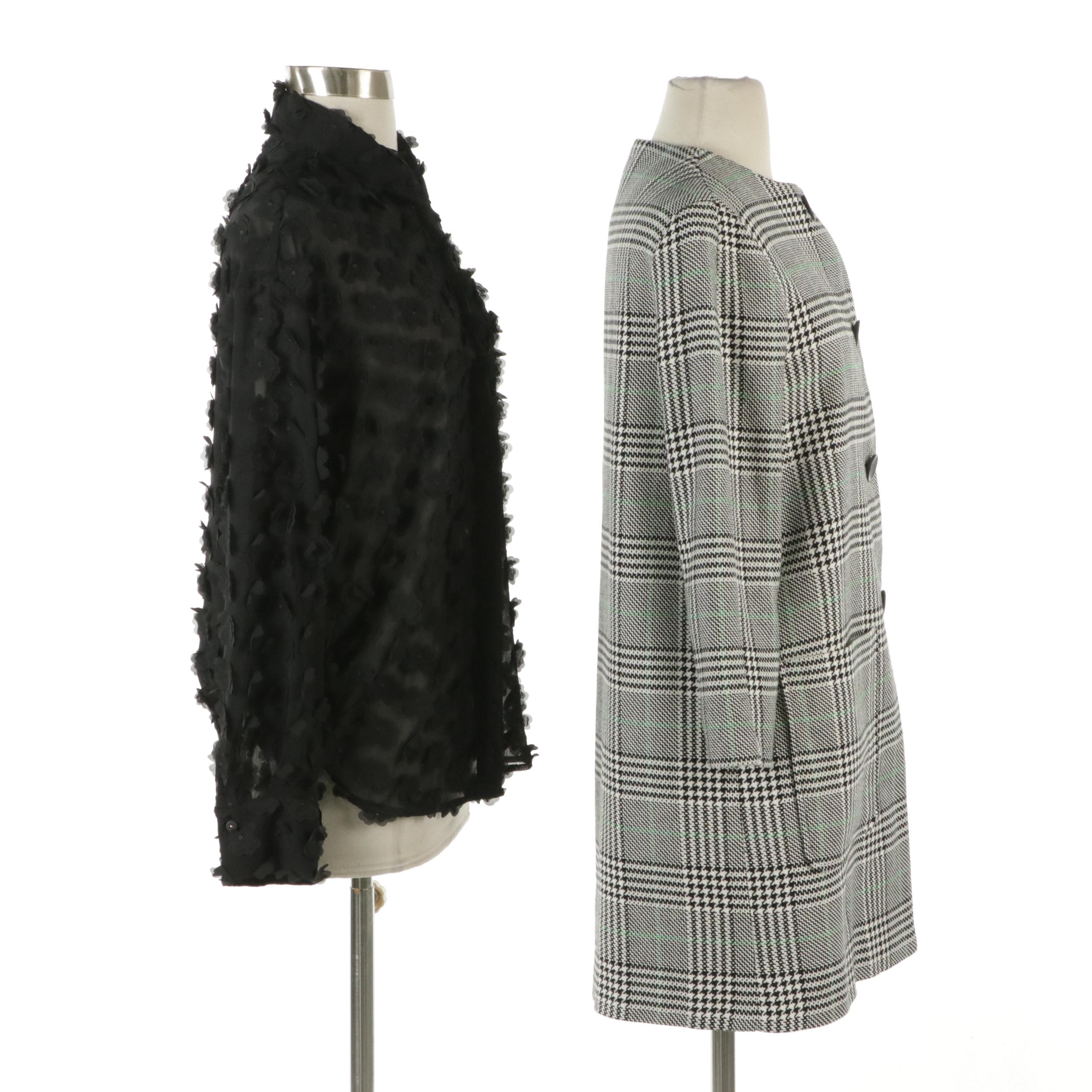 Zara Floral Appliqué Long Sleeve Blouse and Green/Black Houndstooth Plaid Jacket