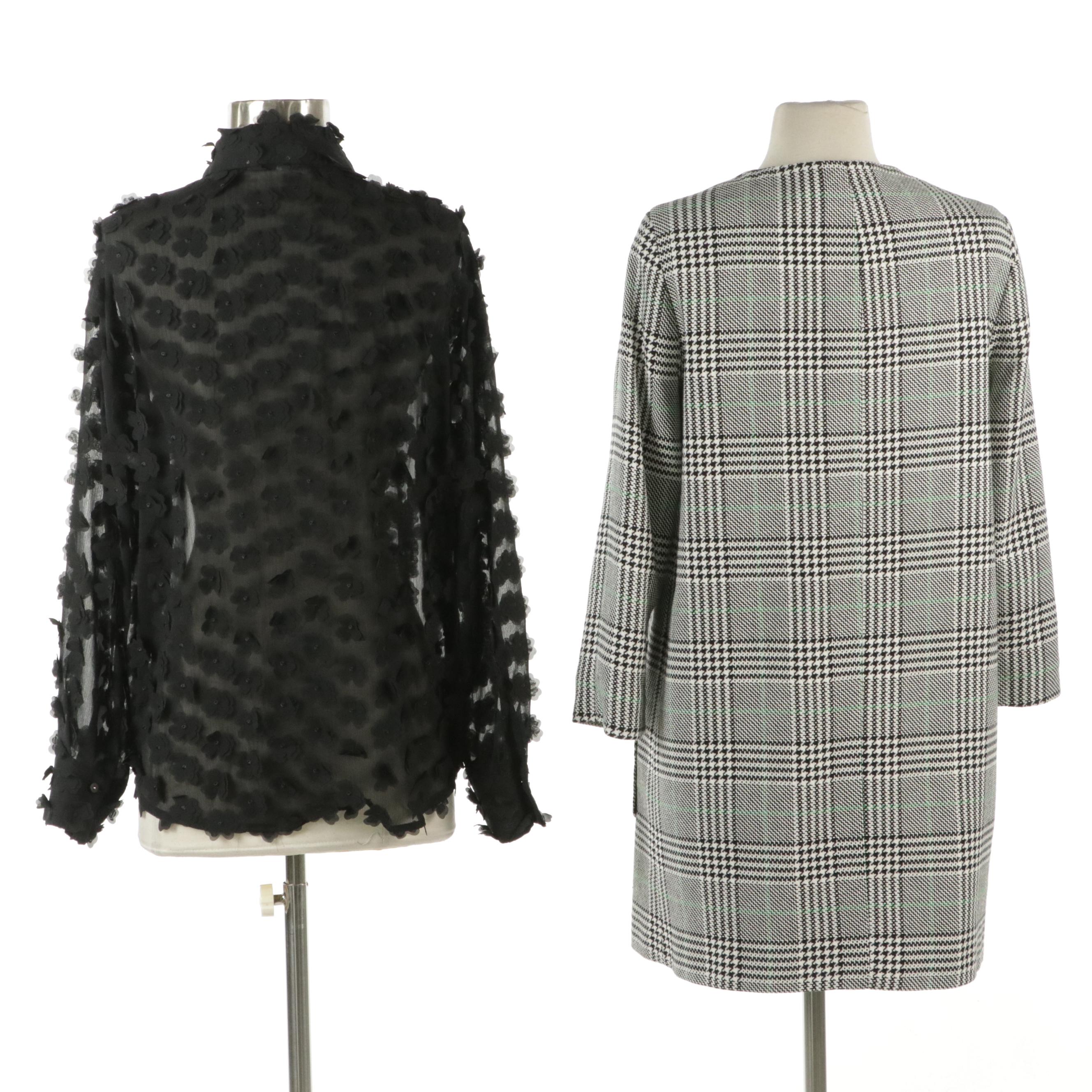 Zara Floral Appliqué Long Sleeve Blouse and Green/Black Houndstooth Plaid Jacket
