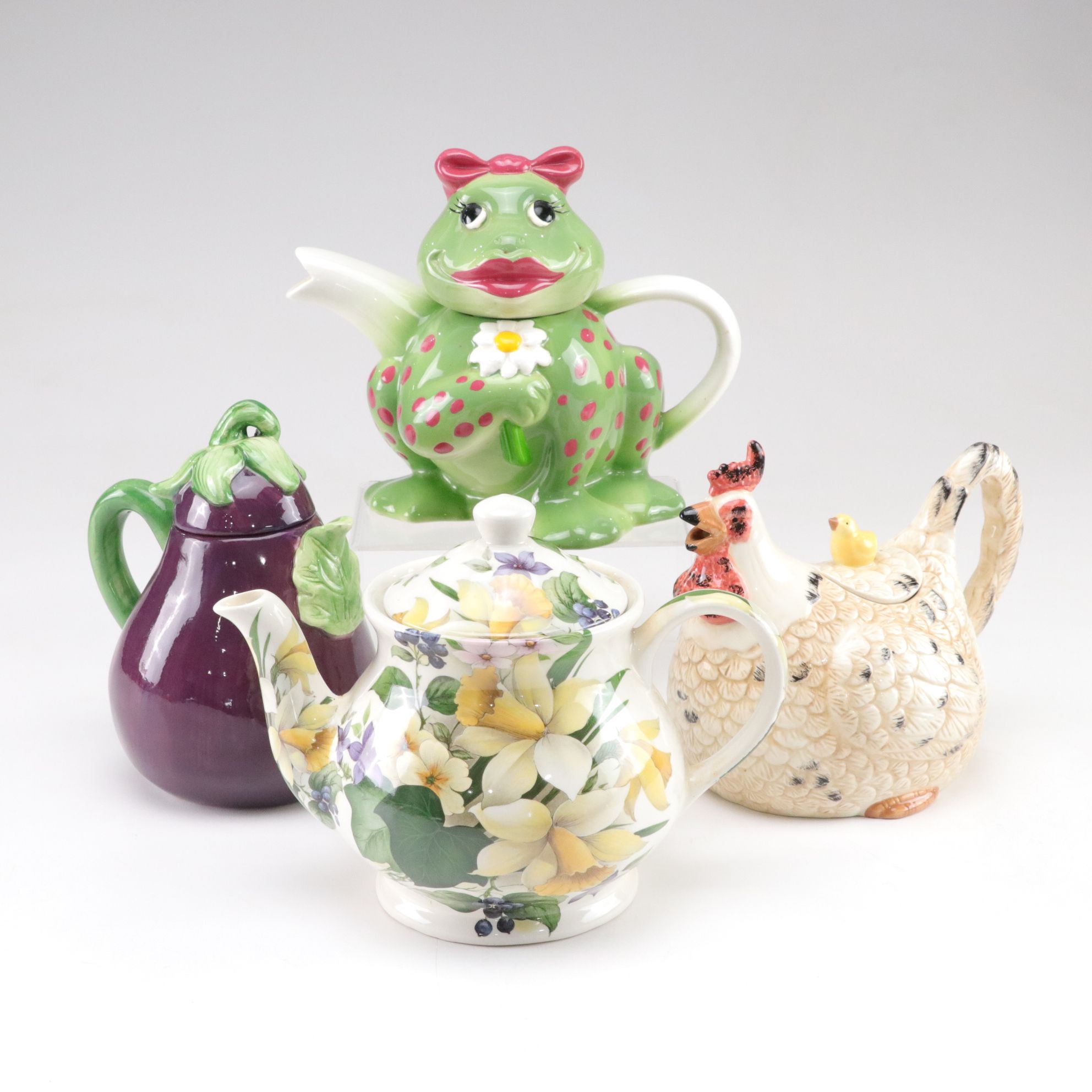 Eggplant, Mrs. Frog and Rooster Figural Teapots with Victoria's Secret Teapot
