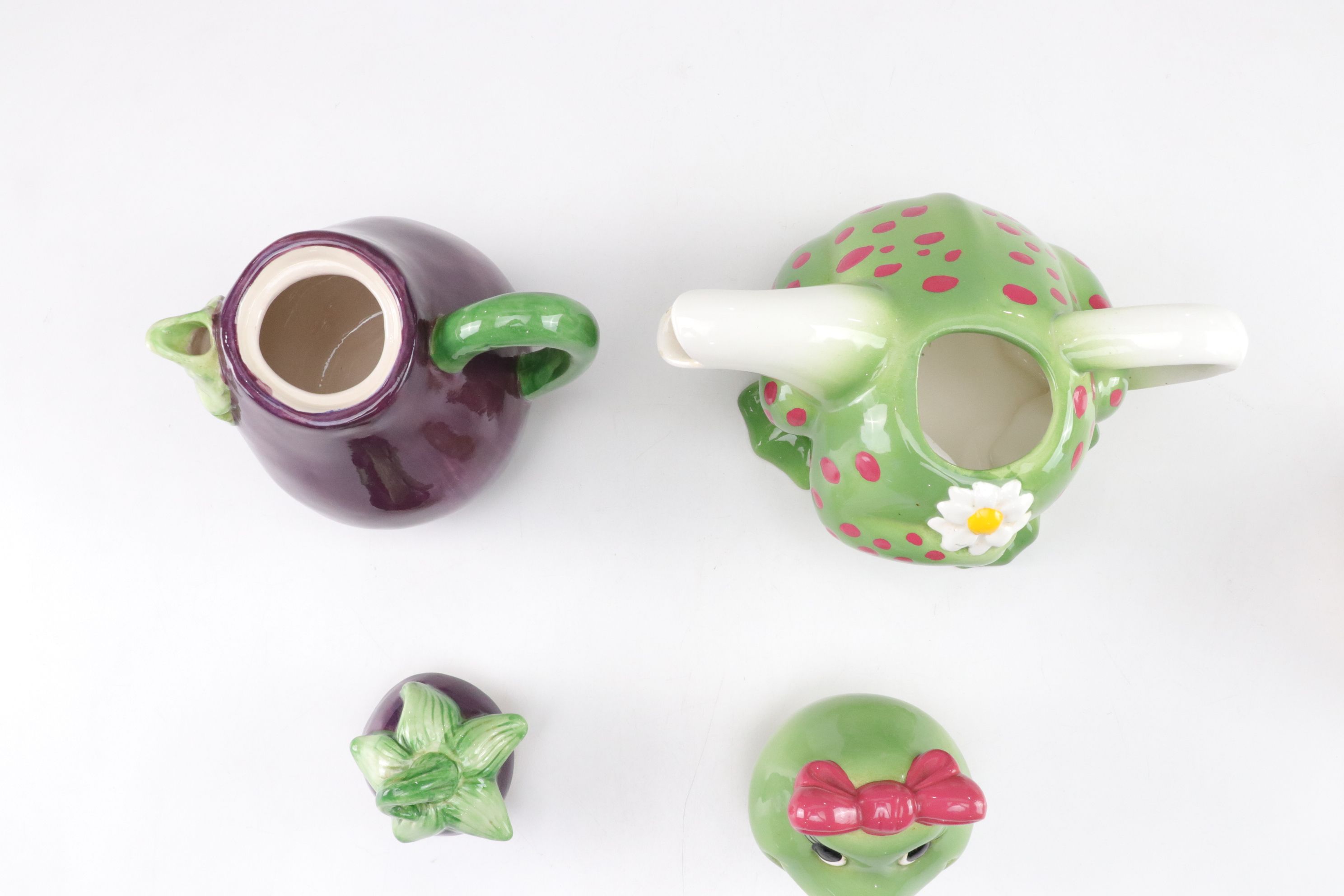 Eggplant, Mrs. Frog and Rooster Figural Teapots with Victoria's Secret Teapot