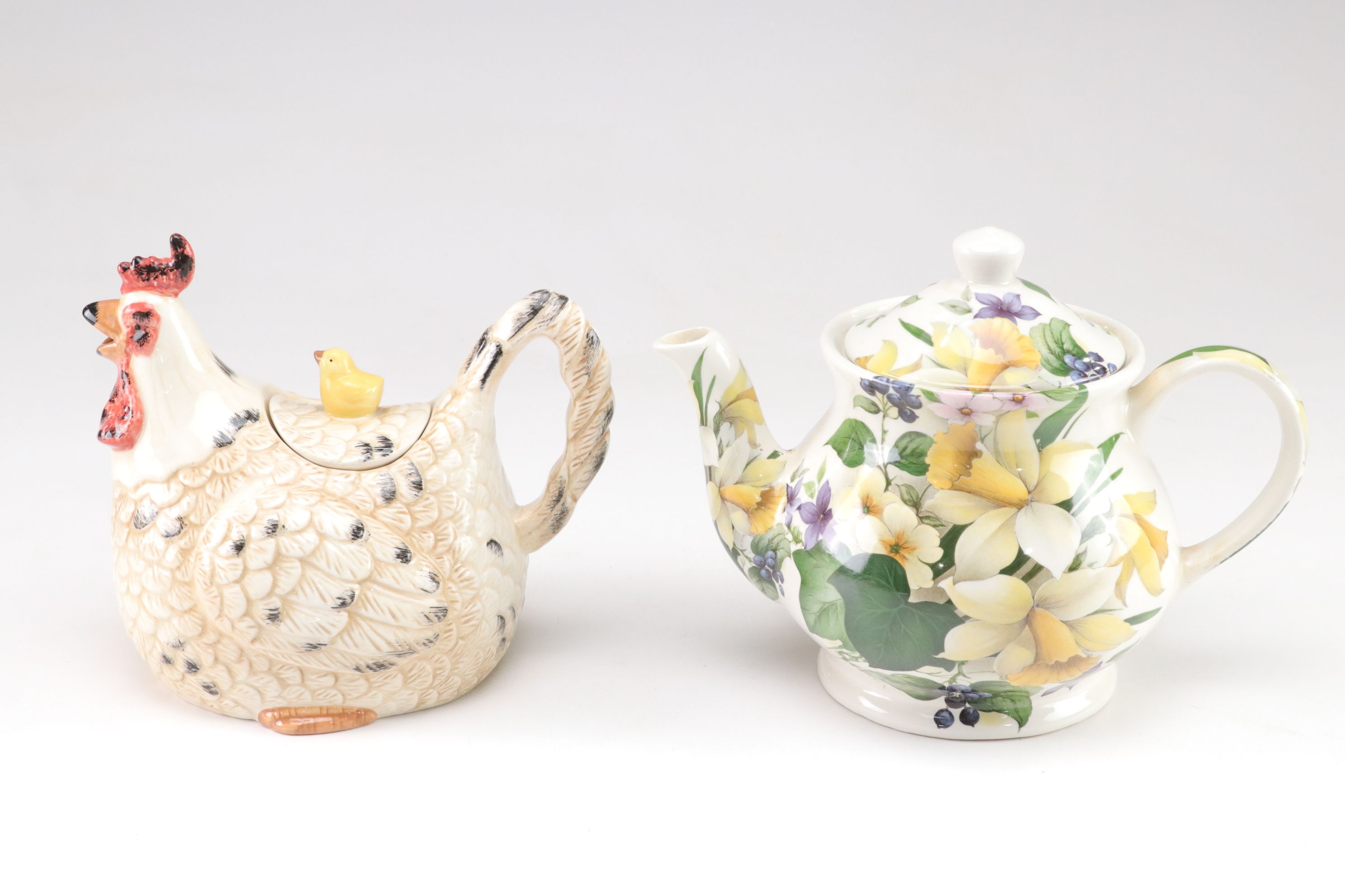 Eggplant, Mrs. Frog and Rooster Figural Teapots with Victoria's Secret Teapot