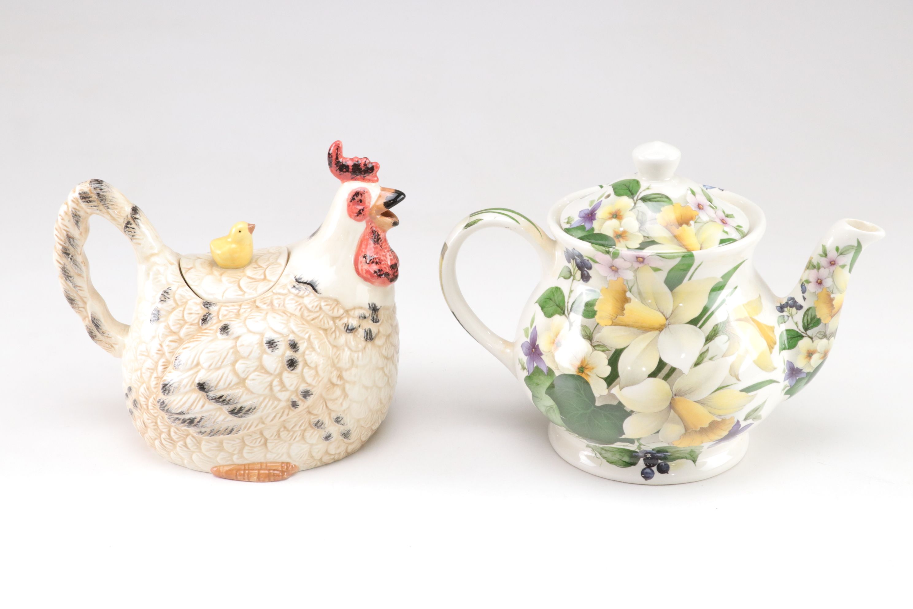 Eggplant, Mrs. Frog and Rooster Figural Teapots with Victoria's Secret Teapot