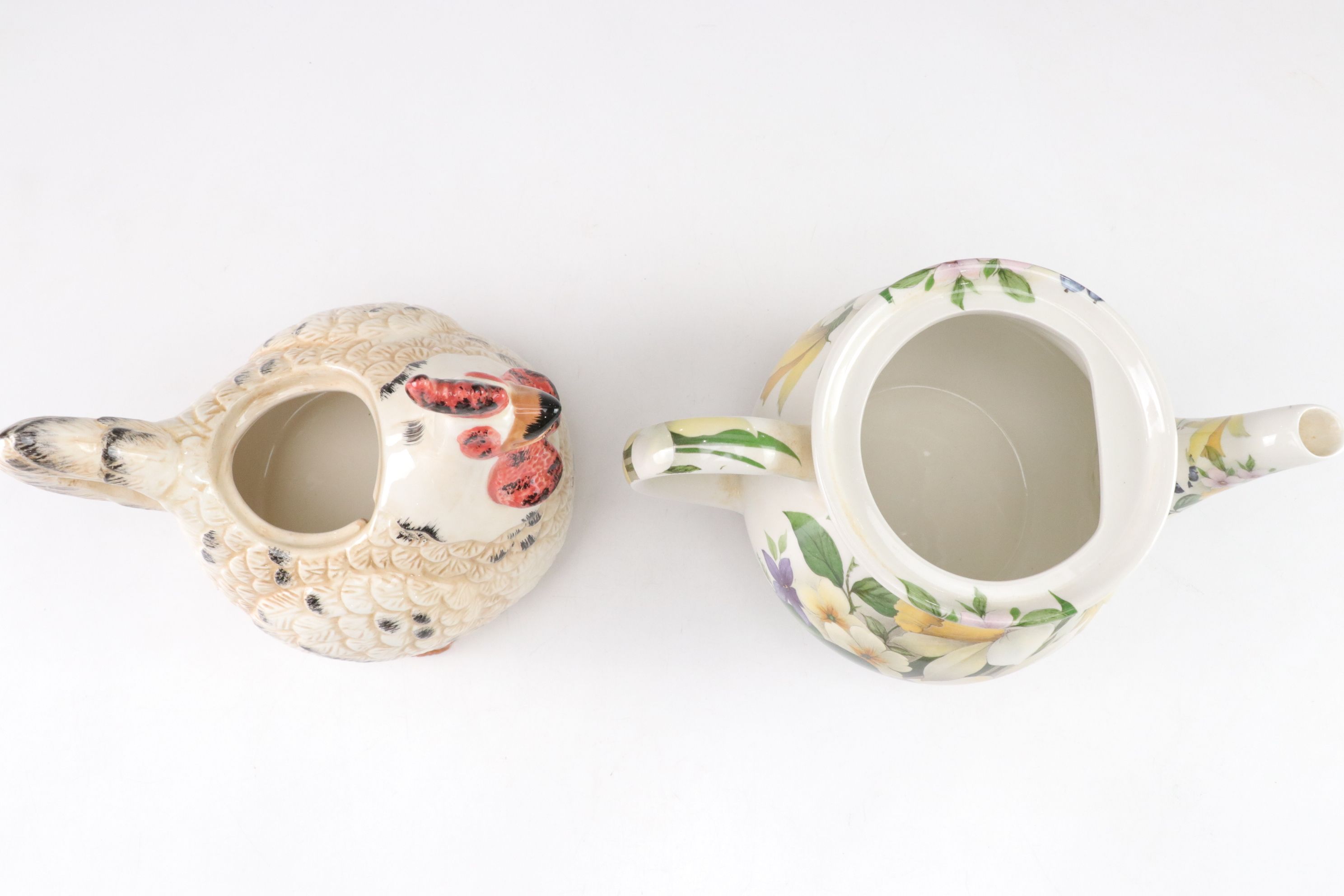 Eggplant, Mrs. Frog and Rooster Figural Teapots with Victoria's Secret Teapot