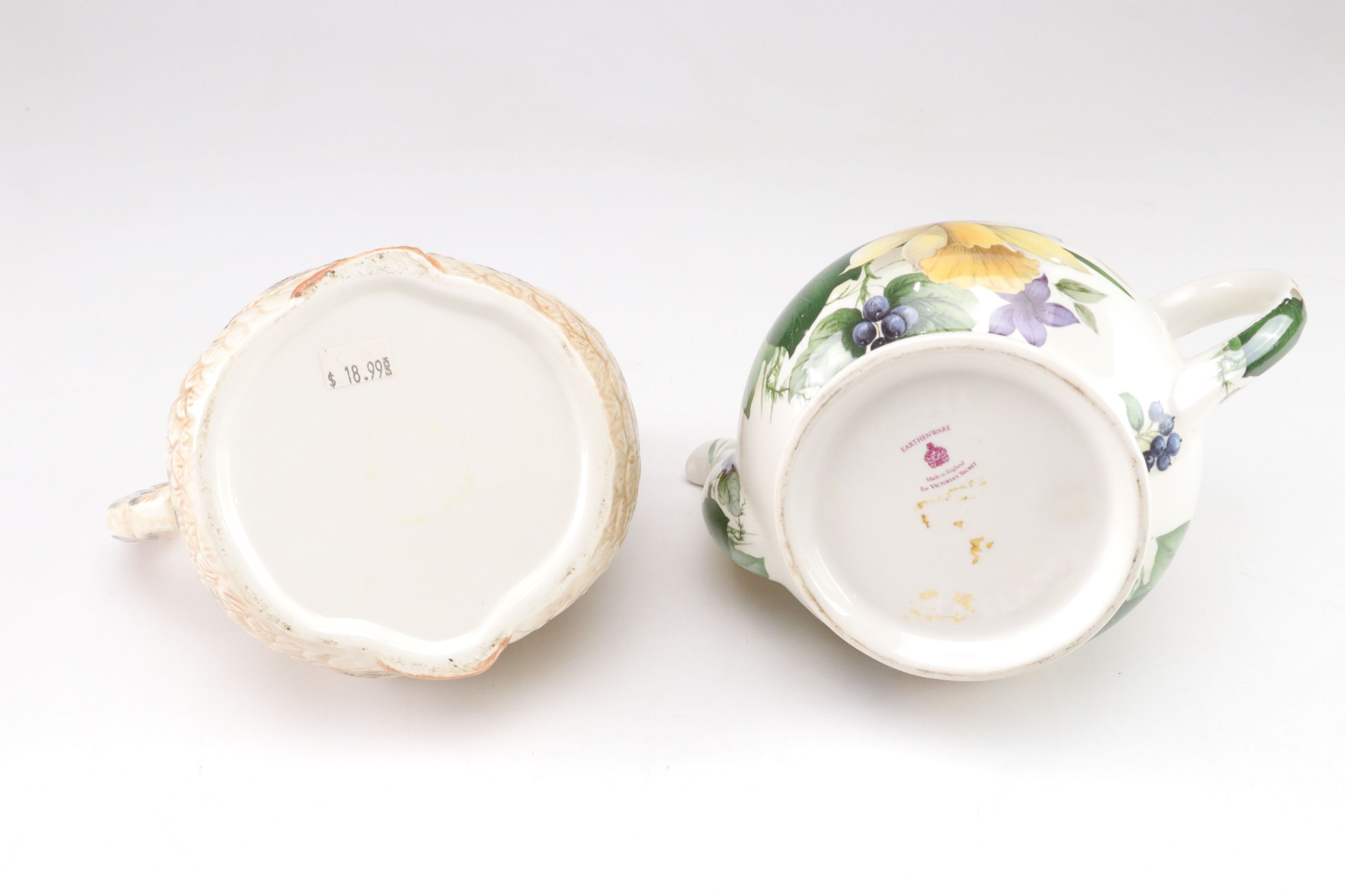 Eggplant, Mrs. Frog and Rooster Figural Teapots with Victoria's Secret Teapot