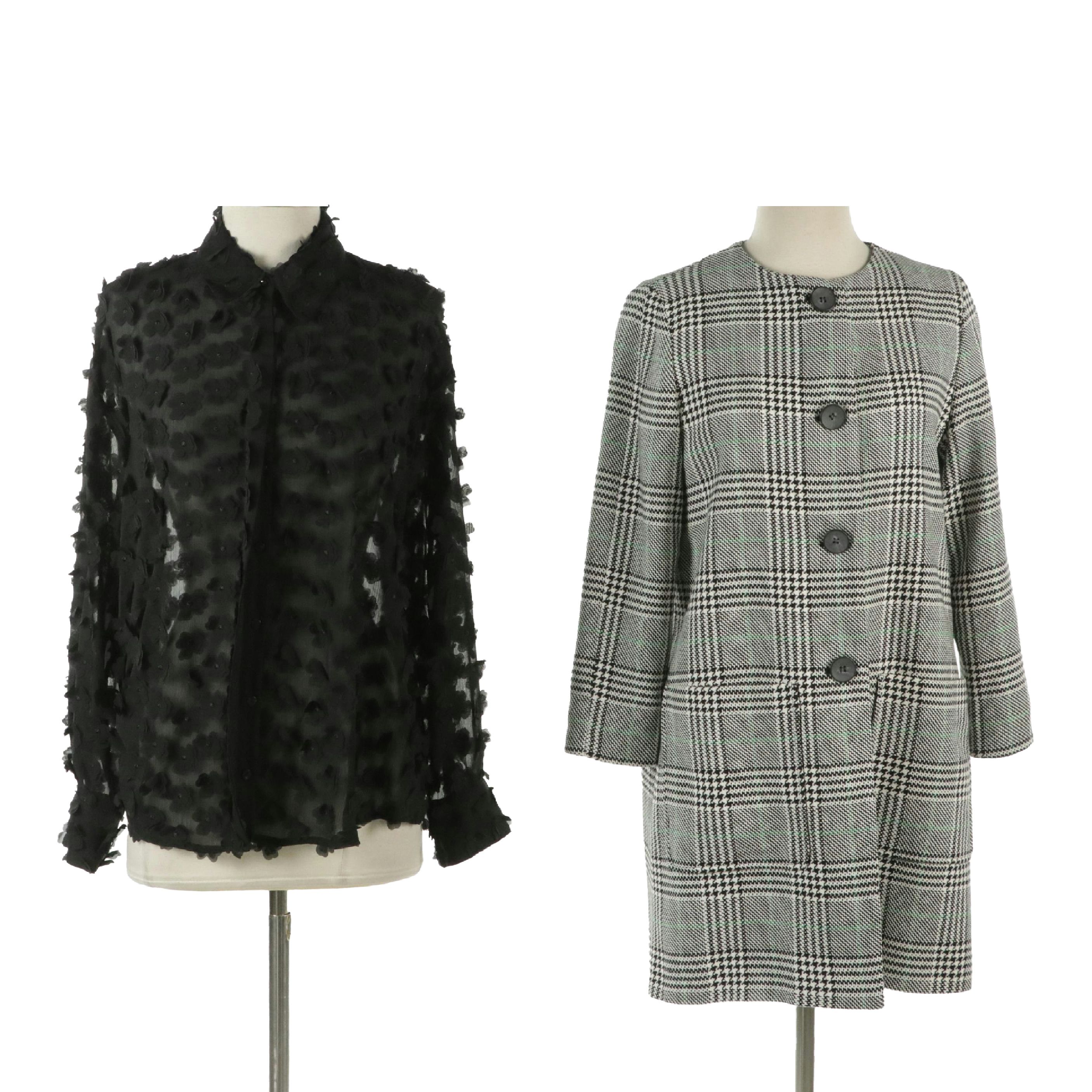 Zara Floral Appliqué Long Sleeve Blouse and Green/Black Houndstooth Plaid Jacket