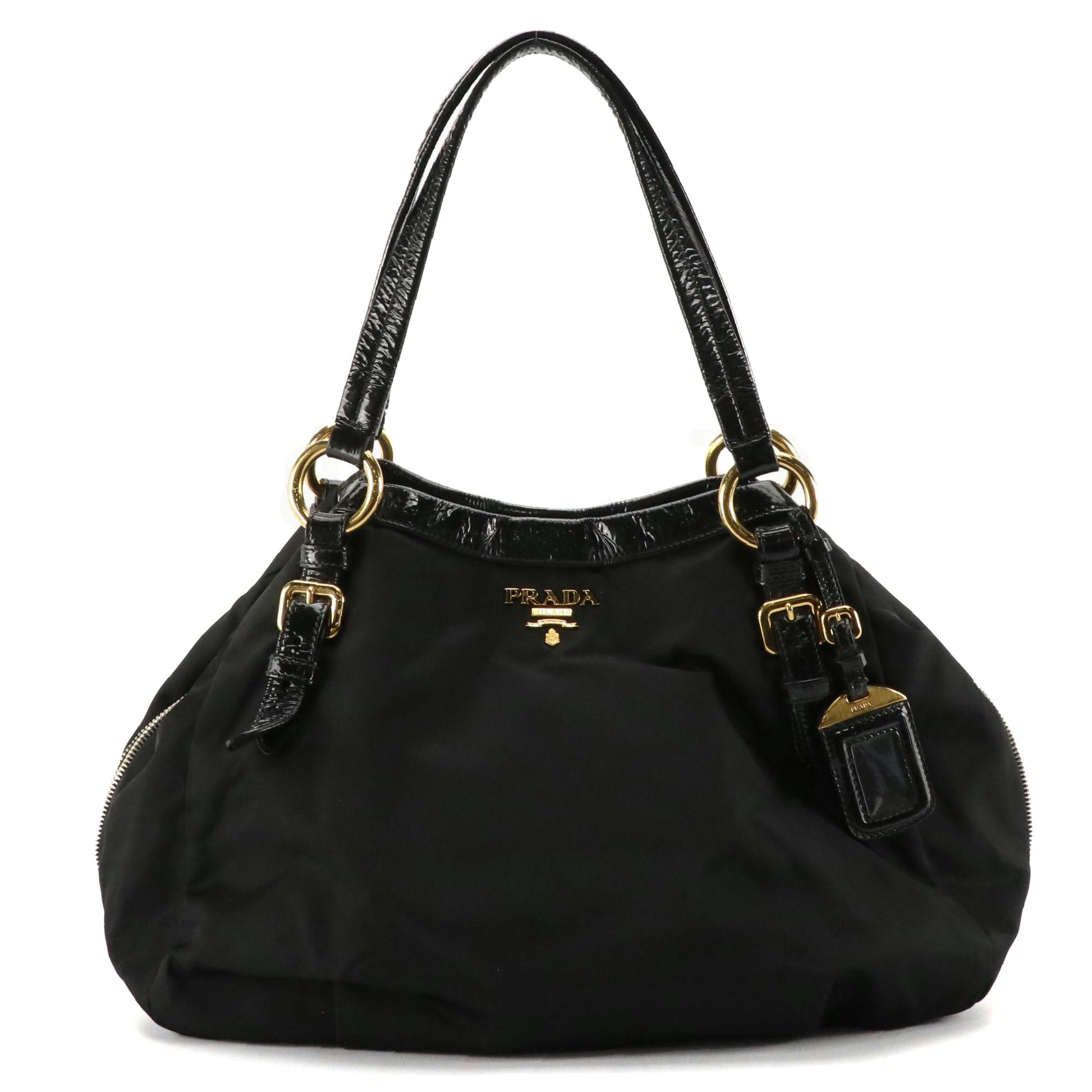 Prada Side-Zip Shoulder Satchel in Black Tessuto Nylon and Patent Leather Trim