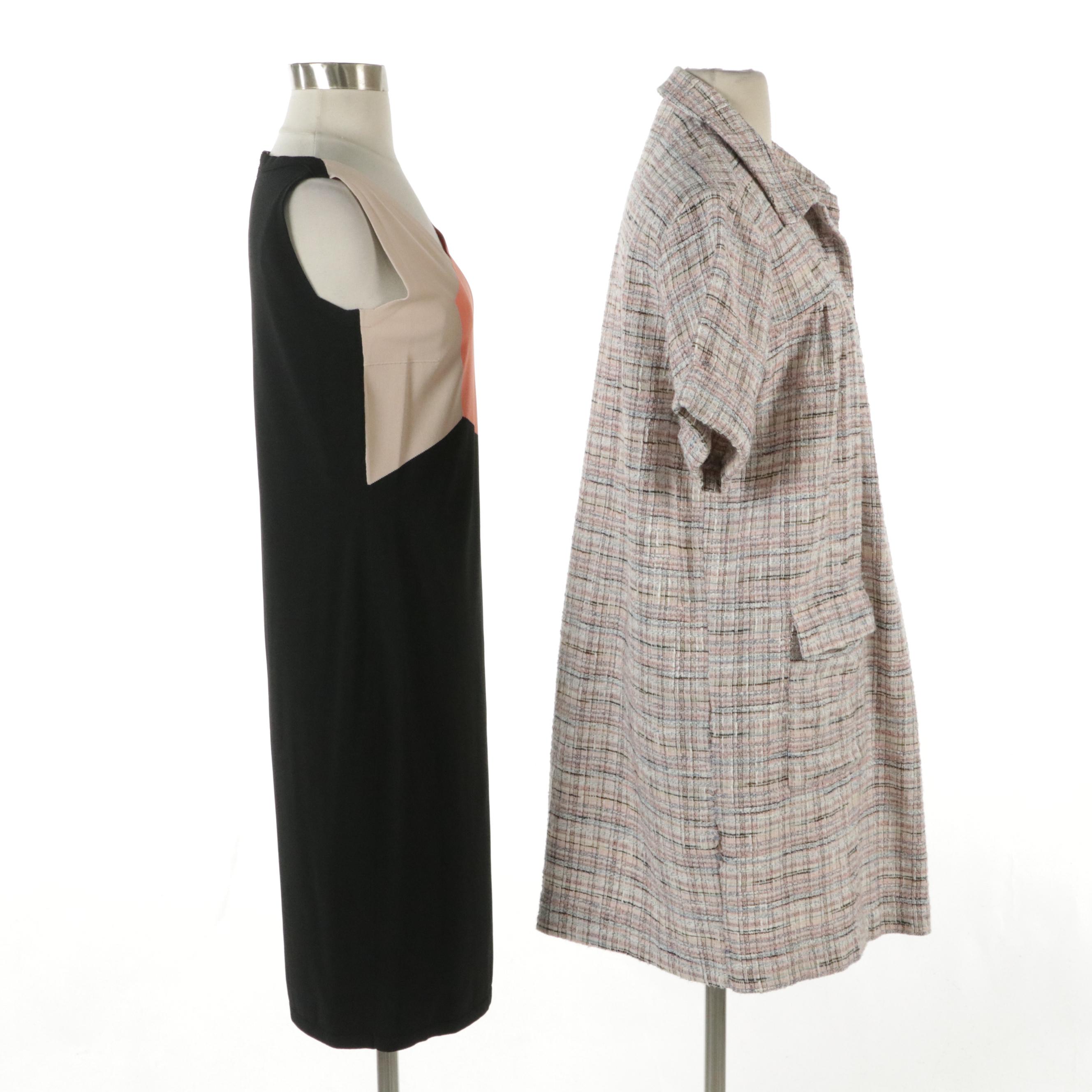 D. Exterior Colorblock Bodycon Dress and Tyler Böe Shirt Dress in Pink Tweed