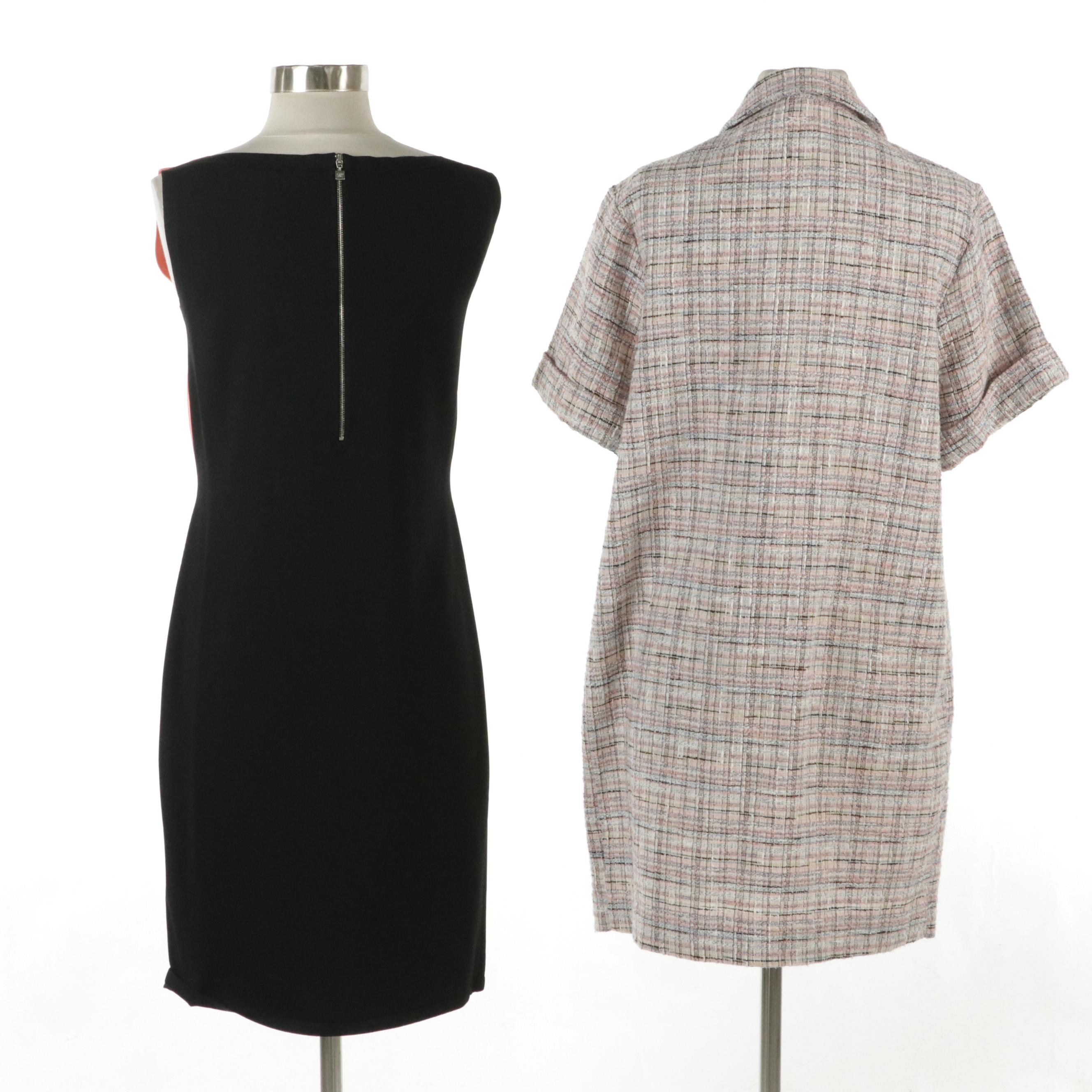 D. Exterior Colorblock Bodycon Dress and Tyler Böe Shirt Dress in Pink Tweed