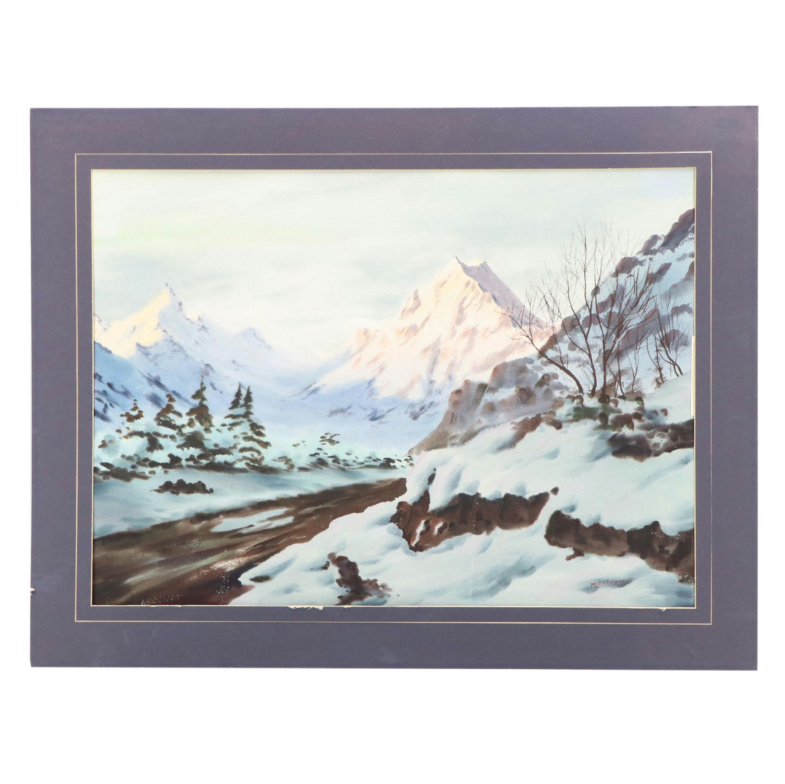 Mariano Ortuzar Winter Landscape Watercolor Painting of New Zealand's Mt. Cook