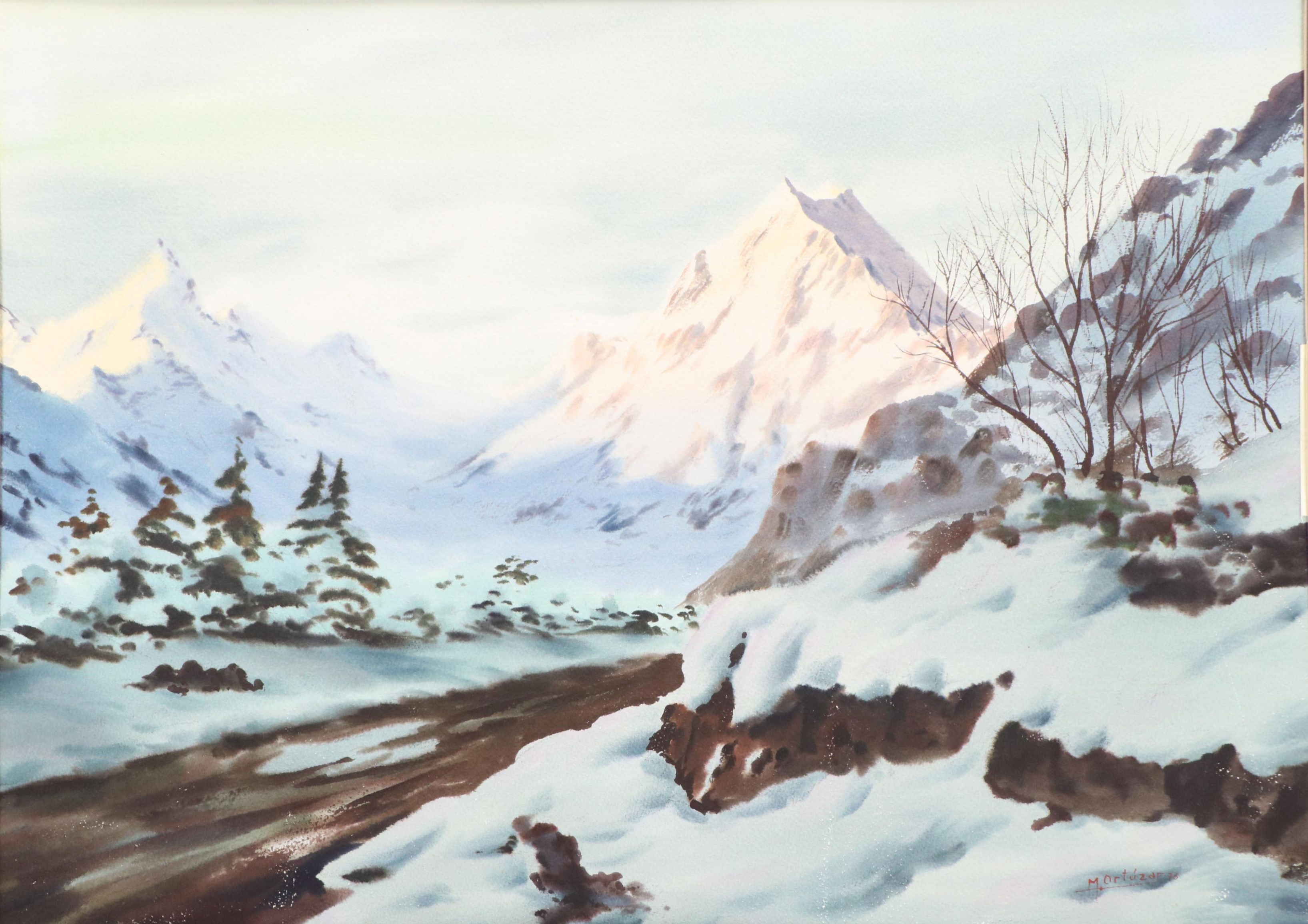 Mariano Ortuzar Winter Landscape Watercolor Painting of New Zealand's Mt. Cook
