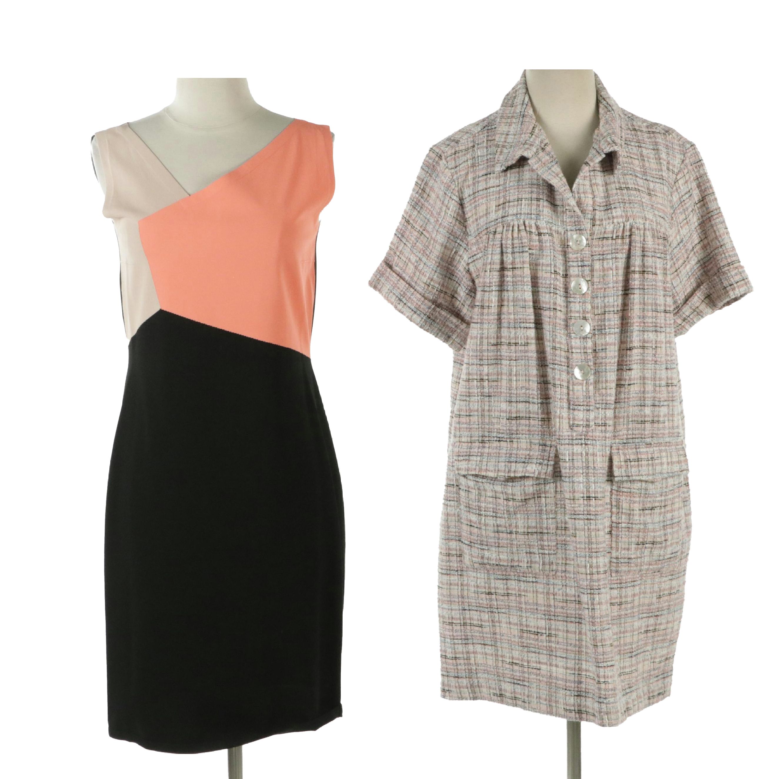D. Exterior Colorblock Bodycon Dress and Tyler Böe Shirt Dress in Pink Tweed