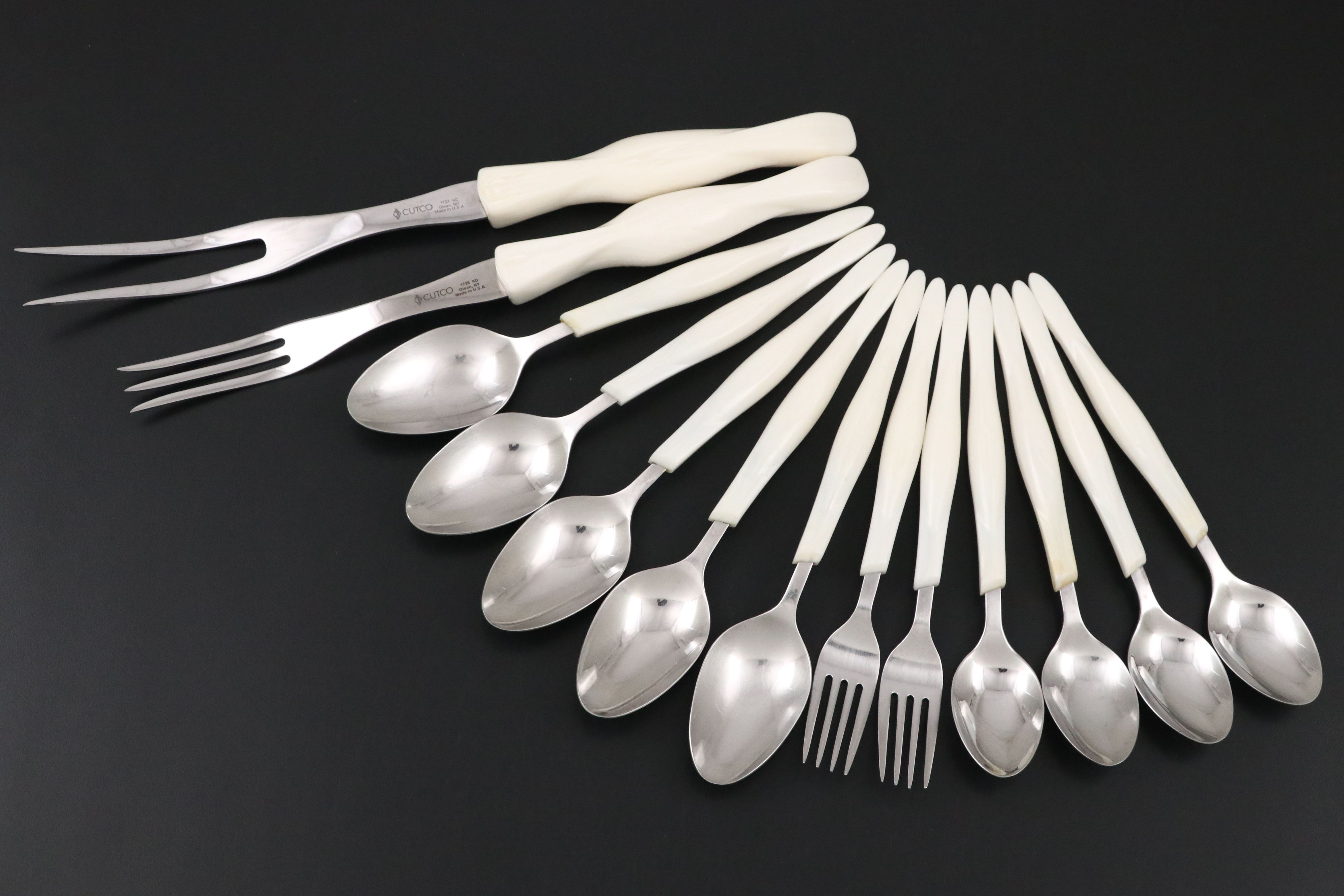 Cutco White Plastic Handled Stainless Steel Carving Set, Spoons, and Forks