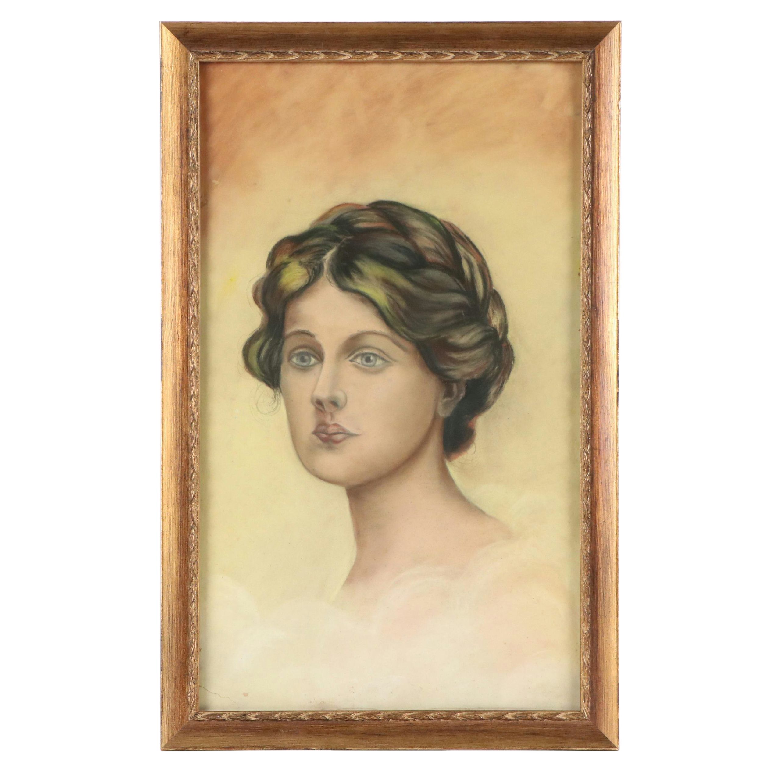 Portrait Pastel Drawing of Young Woman, 19th–Early 20th Century