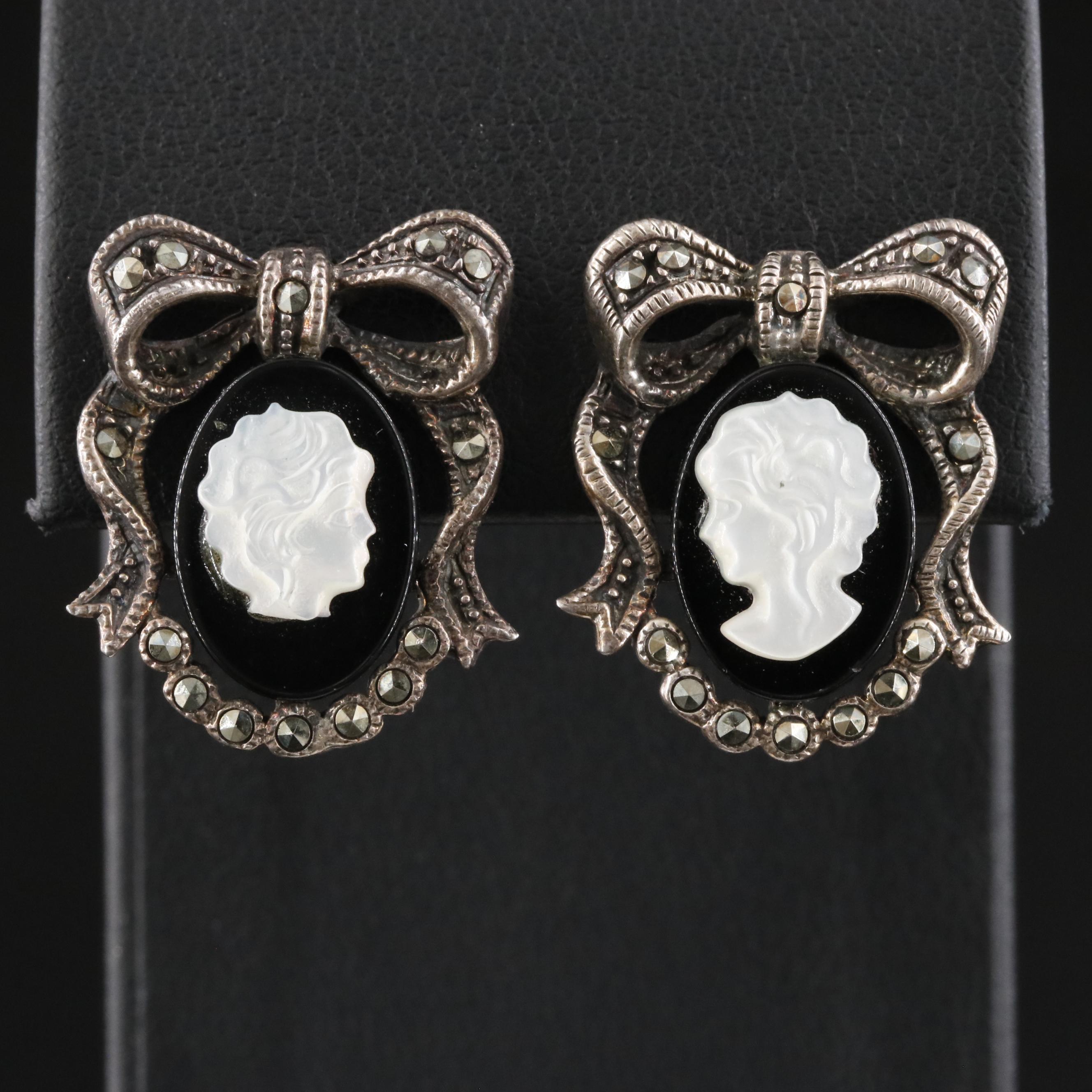 Sterling Black Onyx, Mother-of-Pearl and Marcasite Cameo Earrings