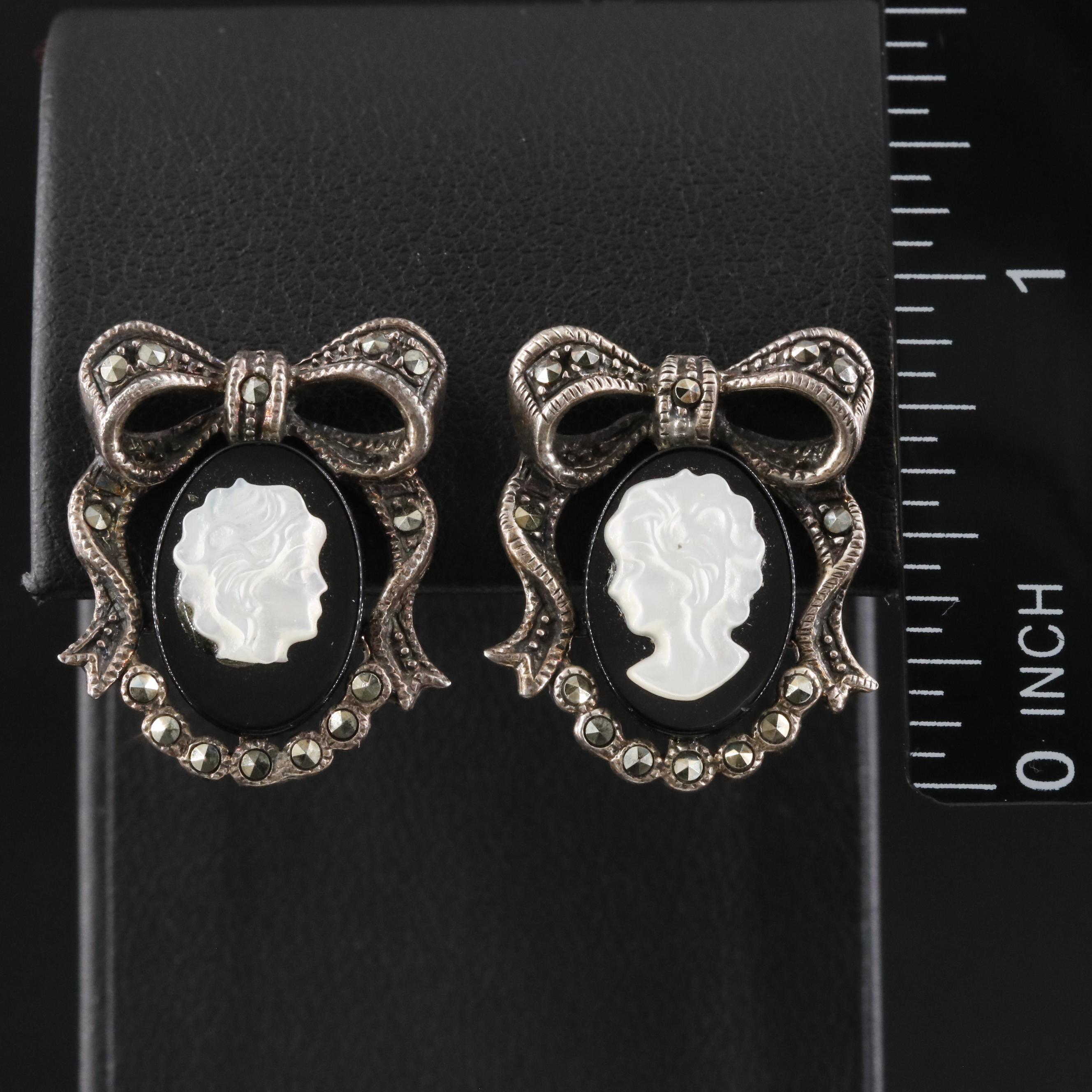 Sterling Black Onyx, Mother-of-Pearl and Marcasite Cameo Earrings