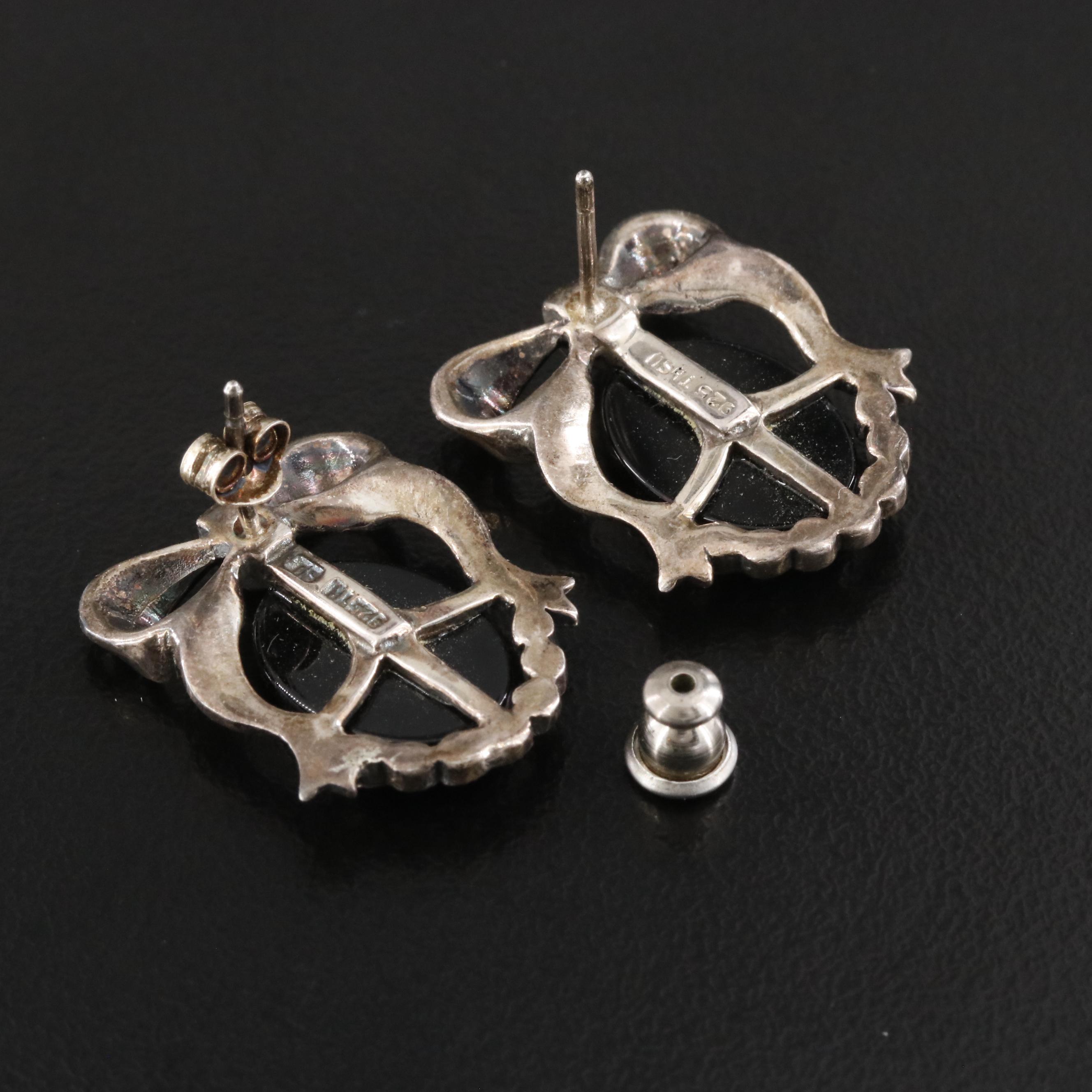 Sterling Black Onyx, Mother-of-Pearl and Marcasite Cameo Earrings