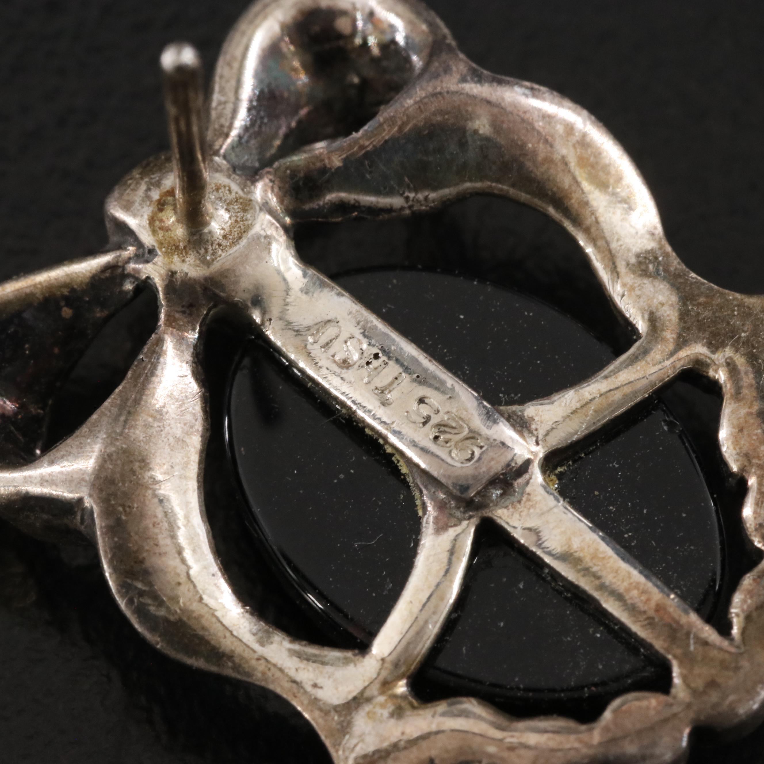 Sterling Black Onyx, Mother-of-Pearl and Marcasite Cameo Earrings