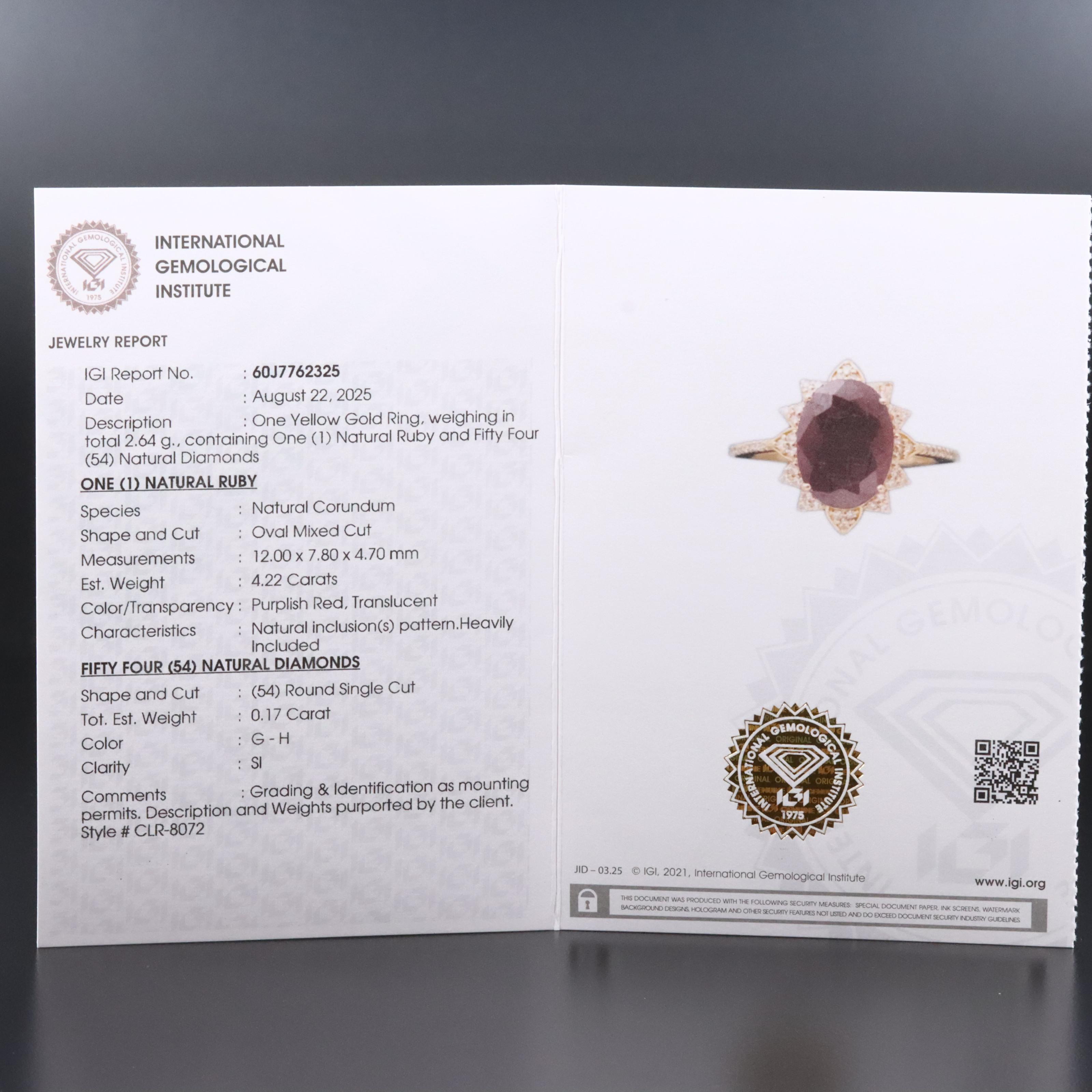 14K 4.22 CT Ruby and Diamond Ring with IGI Jewelry Report