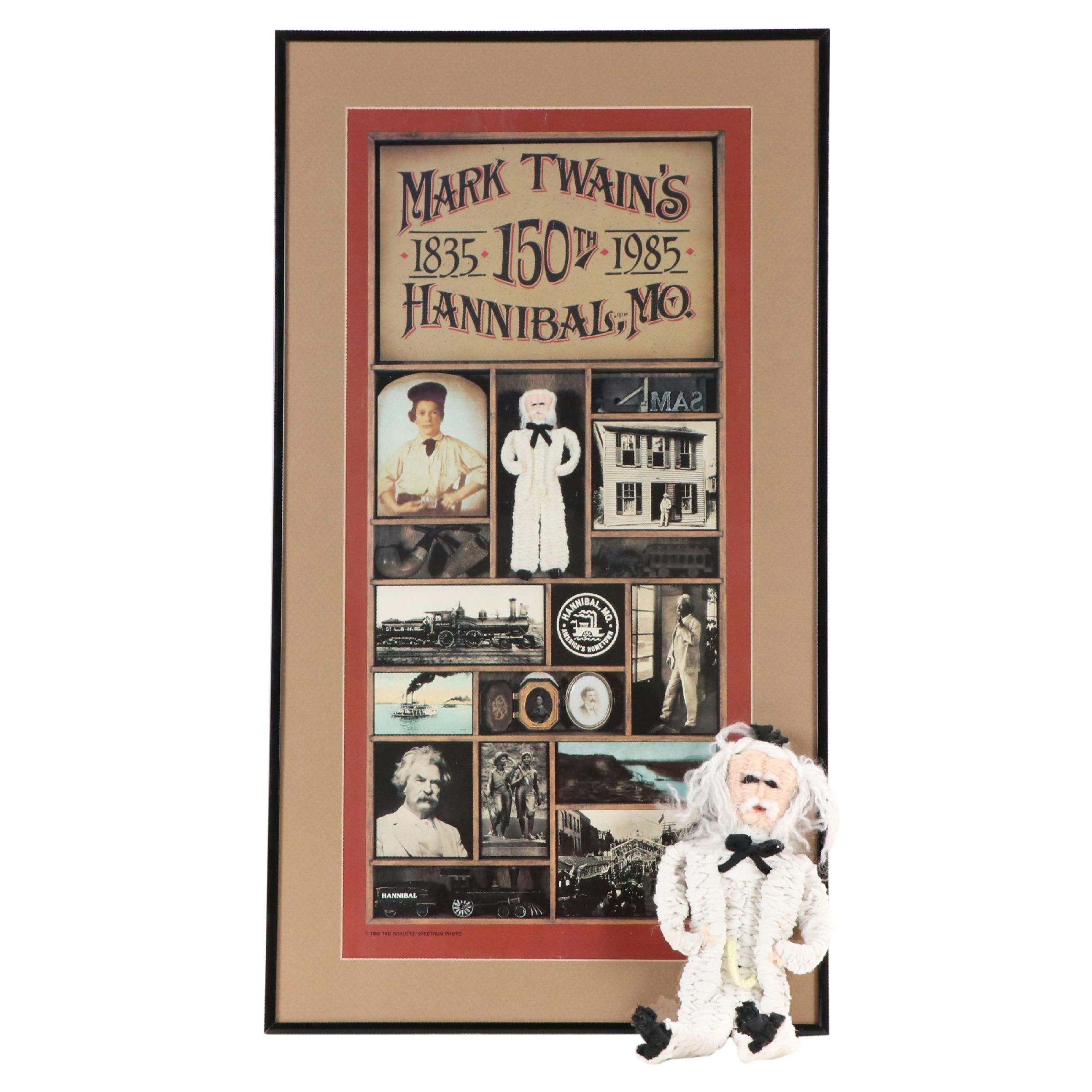 Offset Lithograph Poster "Mark Twain's 150th" with Woven Mark Twain Doll, 1985