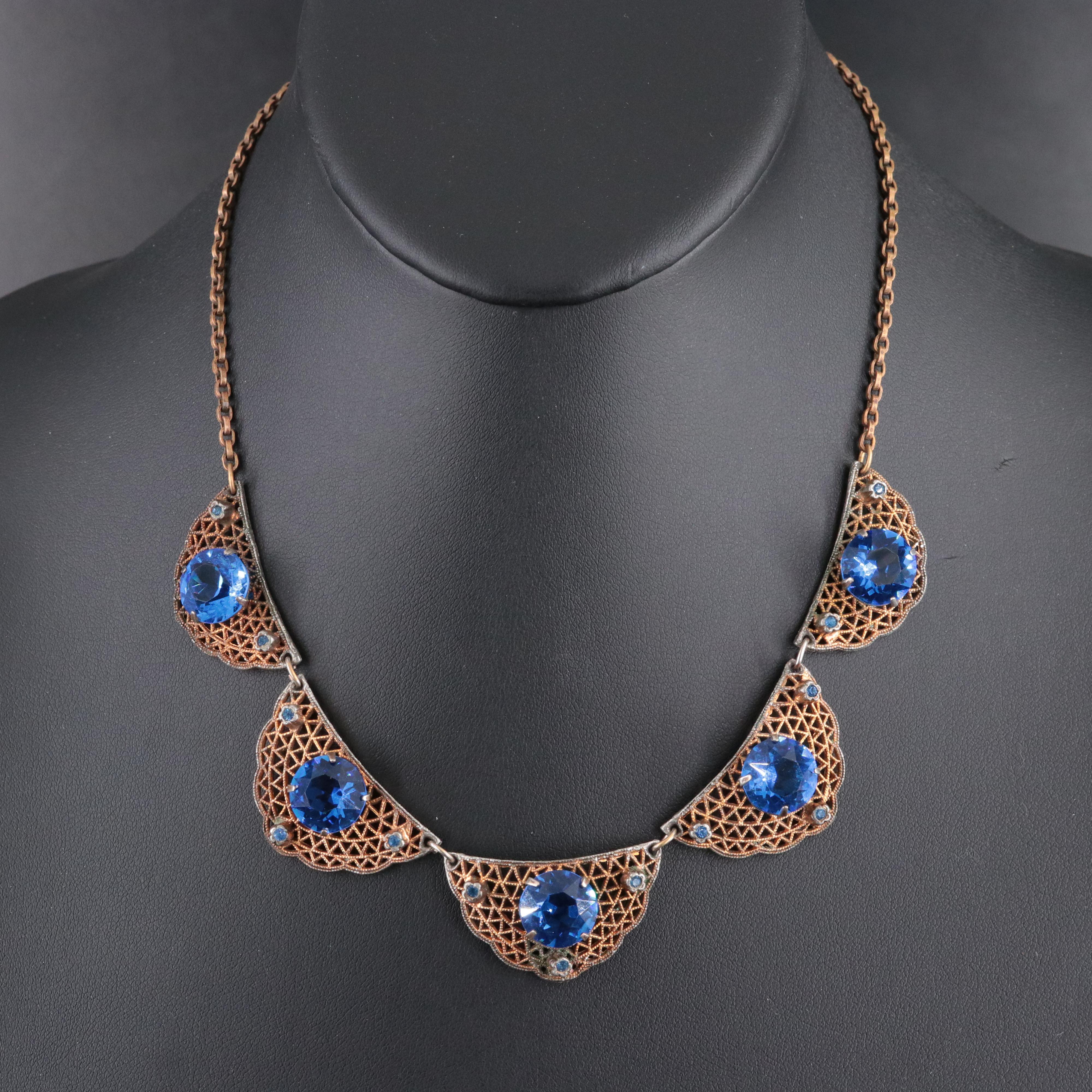 1930s Gilt Metal and Blue Crystal Scalloped Necklace