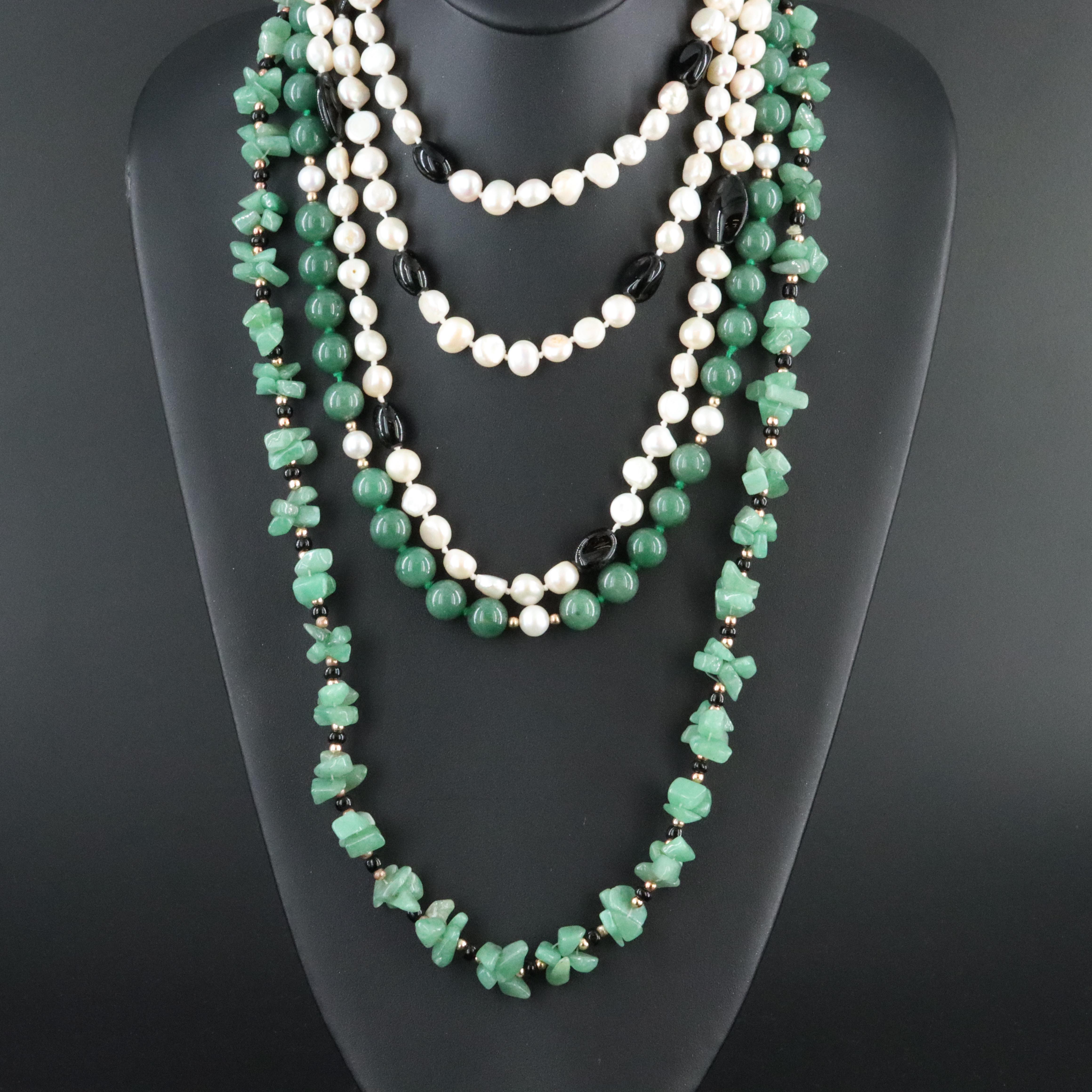 Pearl, Aventurine, and Obsidian Necklaces