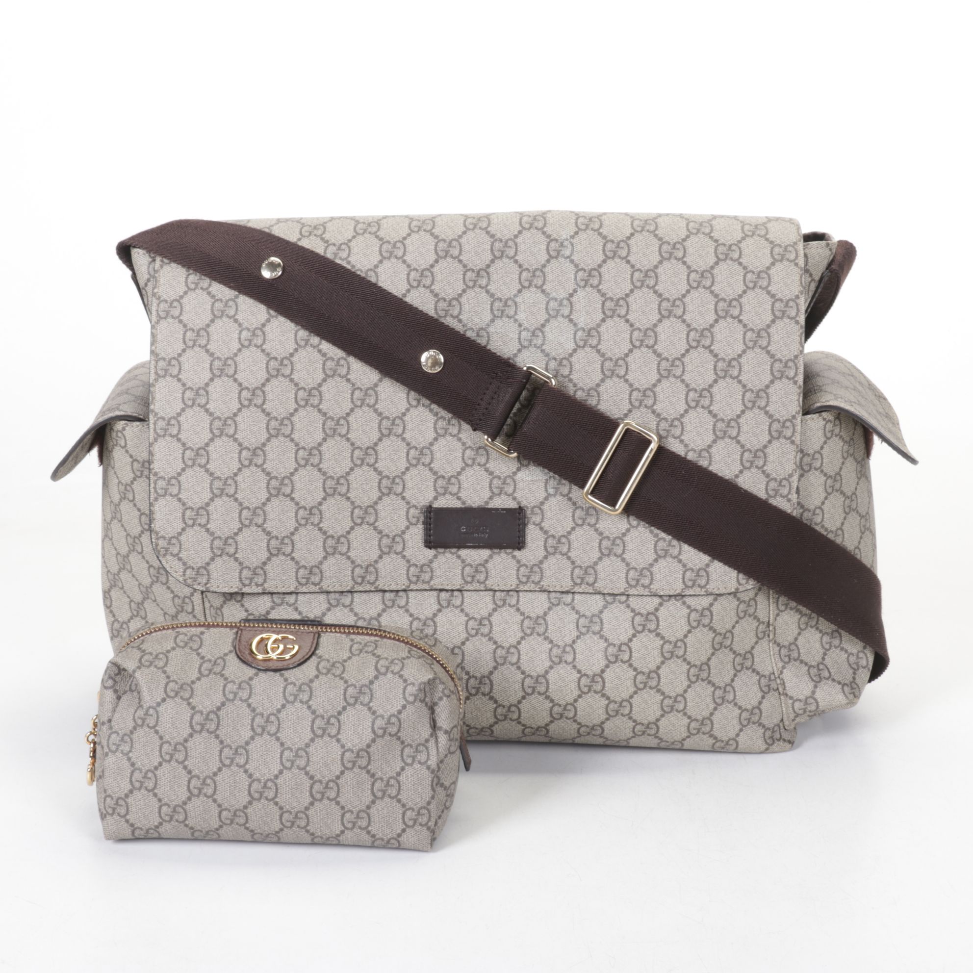 Gucci GG Supreme Canvas and Leather Messenger Diaper Bag with Cosmetic Bag