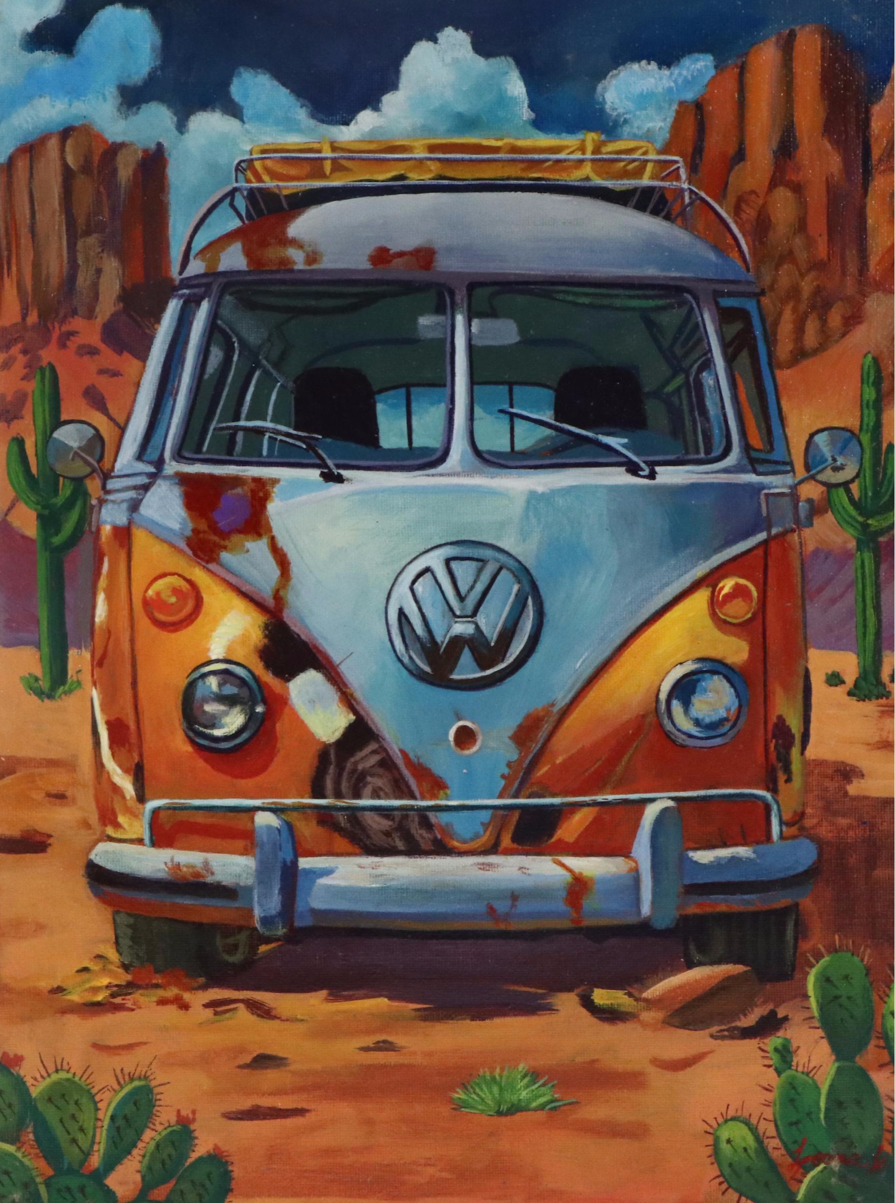 Jeshua Murillo Stylized Acrylic Painting of VW Camper Van, 21st Century