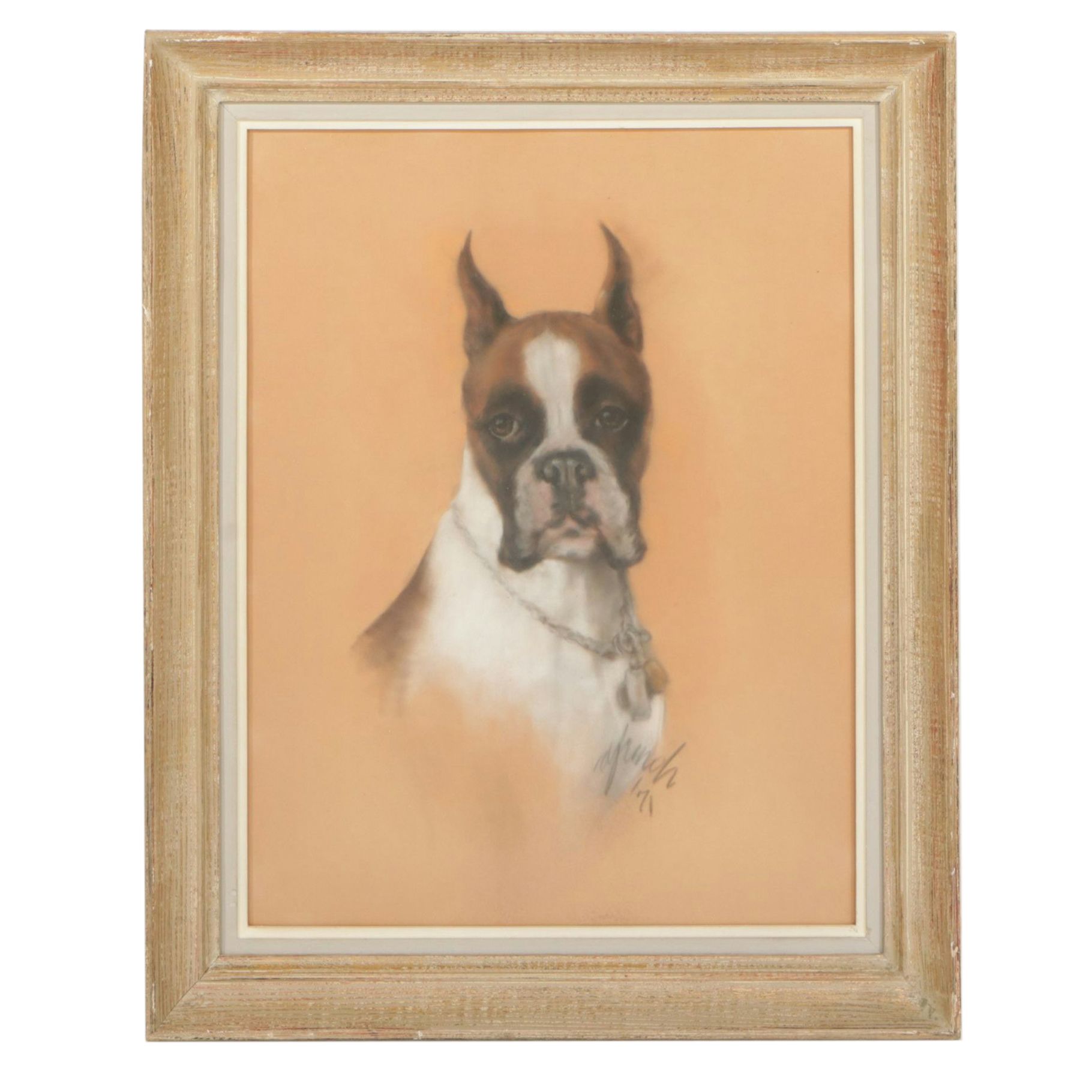 Oil Pastel Portrait Drawing of Seated Boxer Dog, 1971