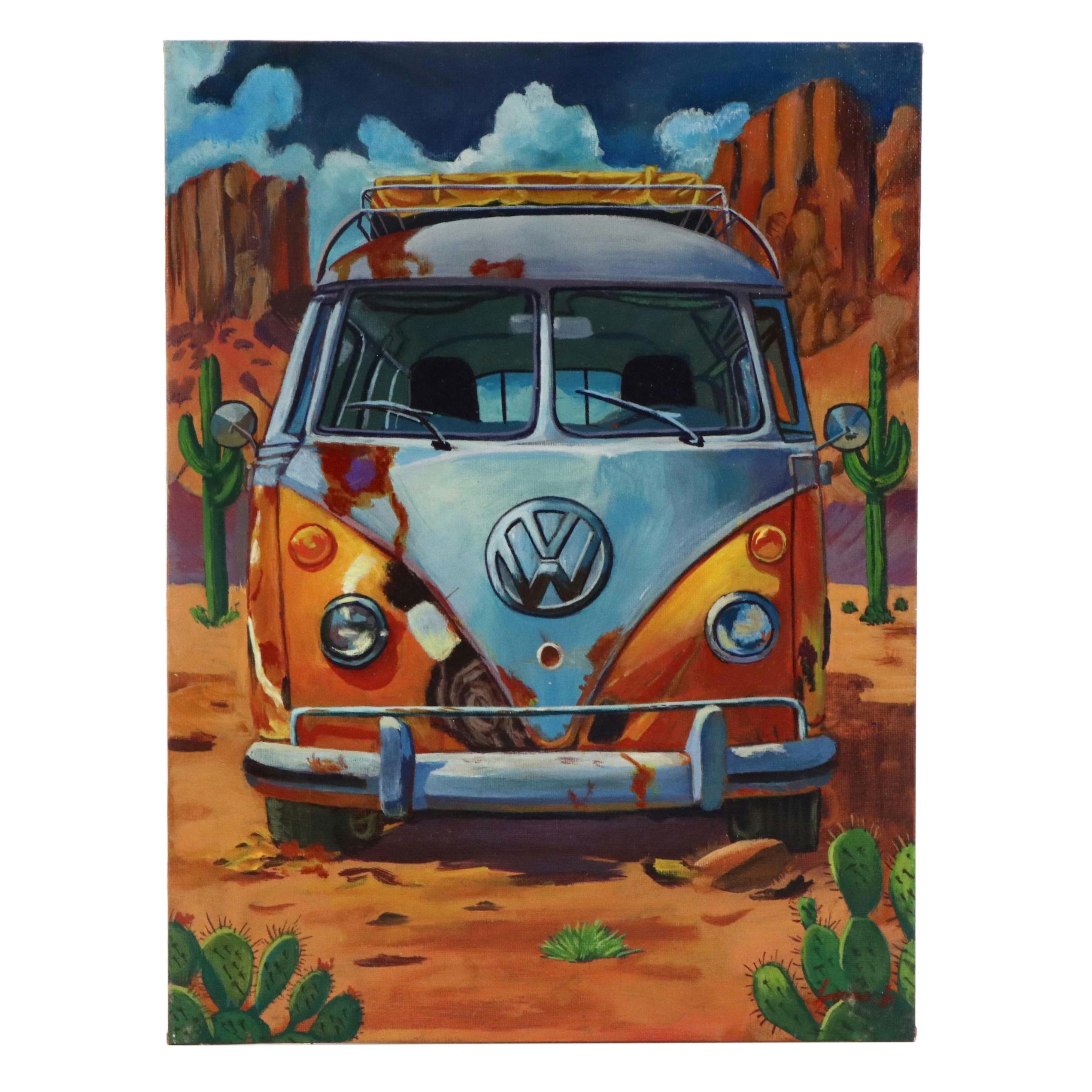 Jeshua Murillo Stylized Acrylic Painting of VW Camper Van, 21st Century