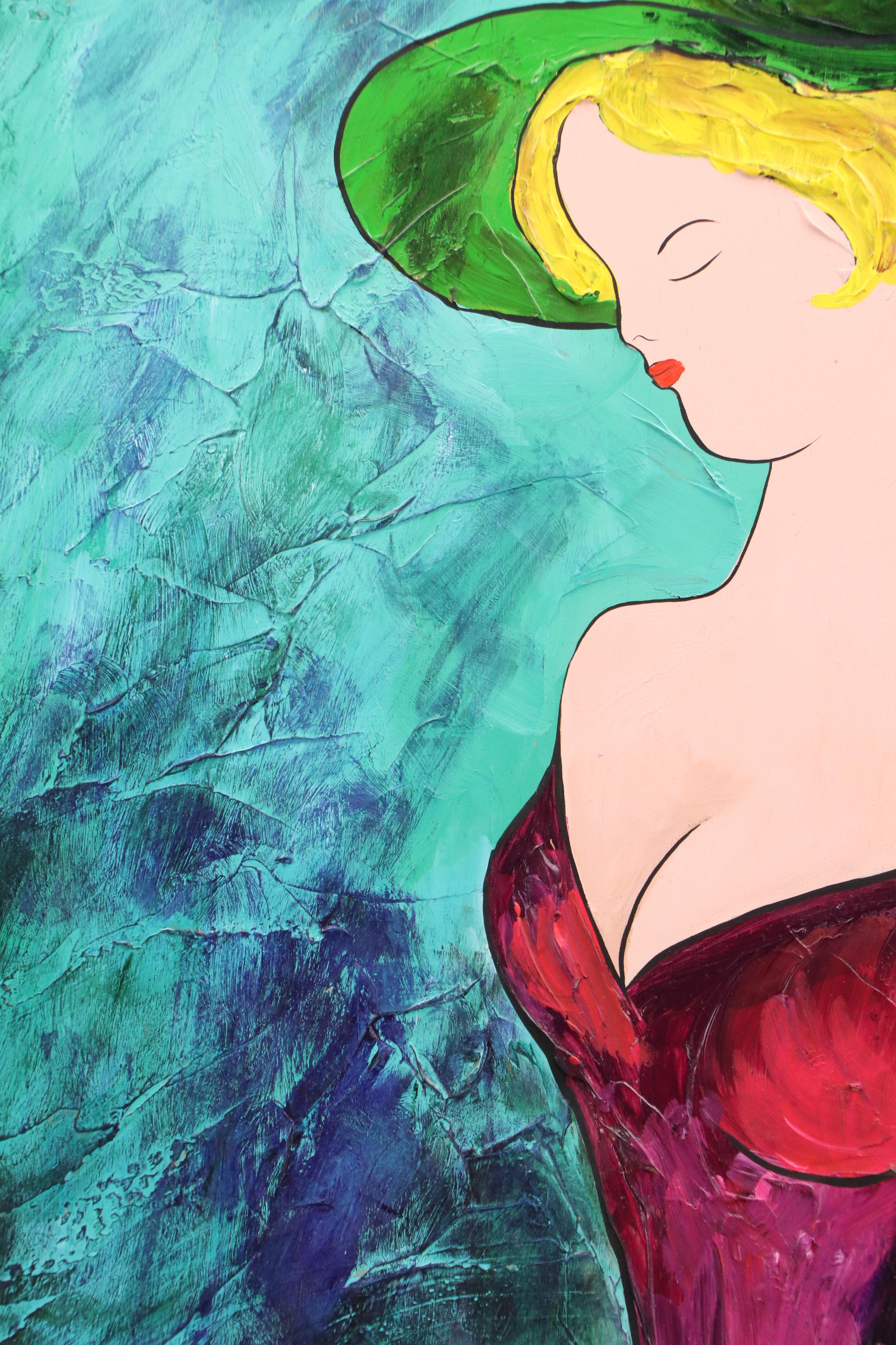 Linda Le Kinff Modernist Acrylic Portrait Painting of Seated Woman, 2006