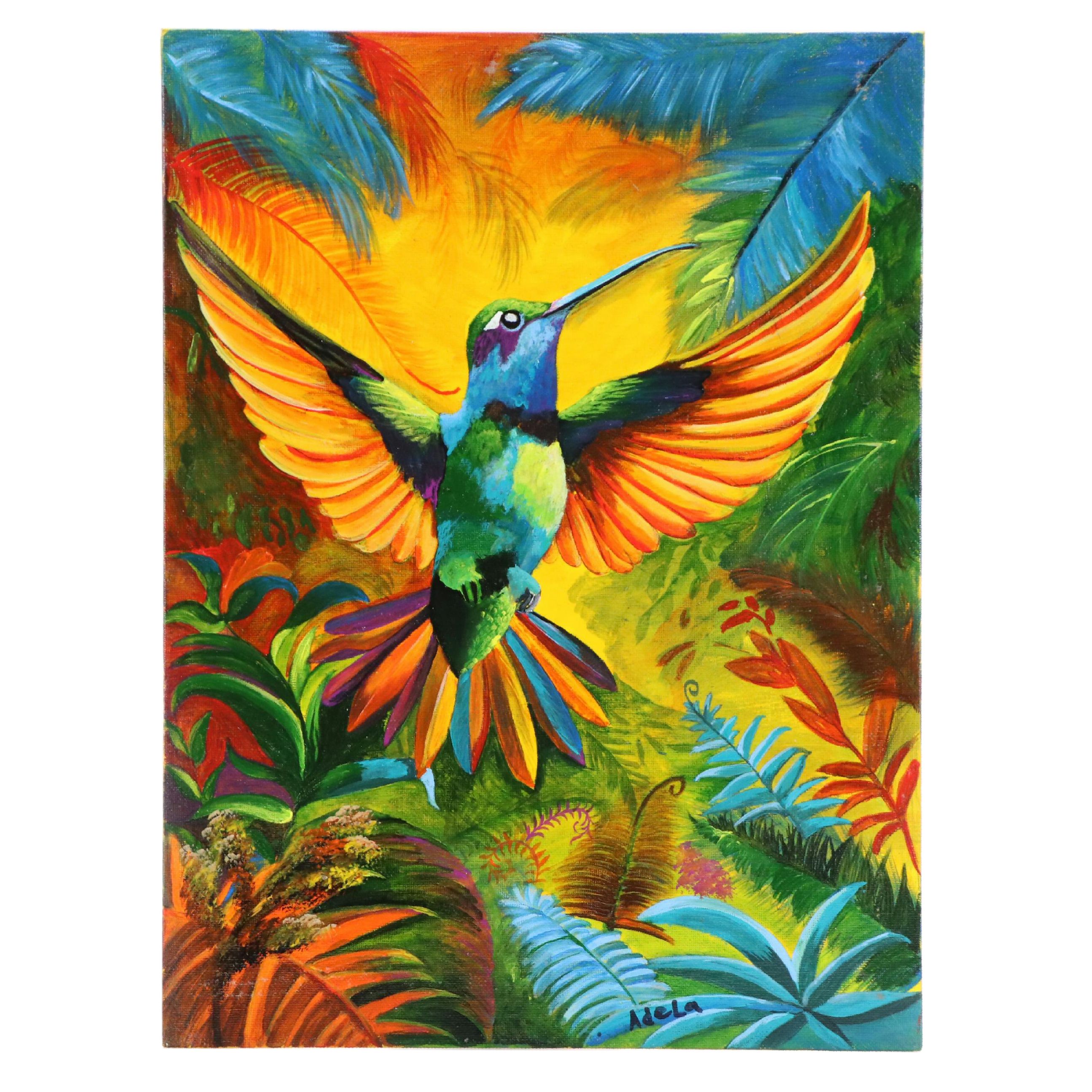 Adela del Carmen Reyes Alvarado Acrylic Painting of a Hummingbird, 21st Century