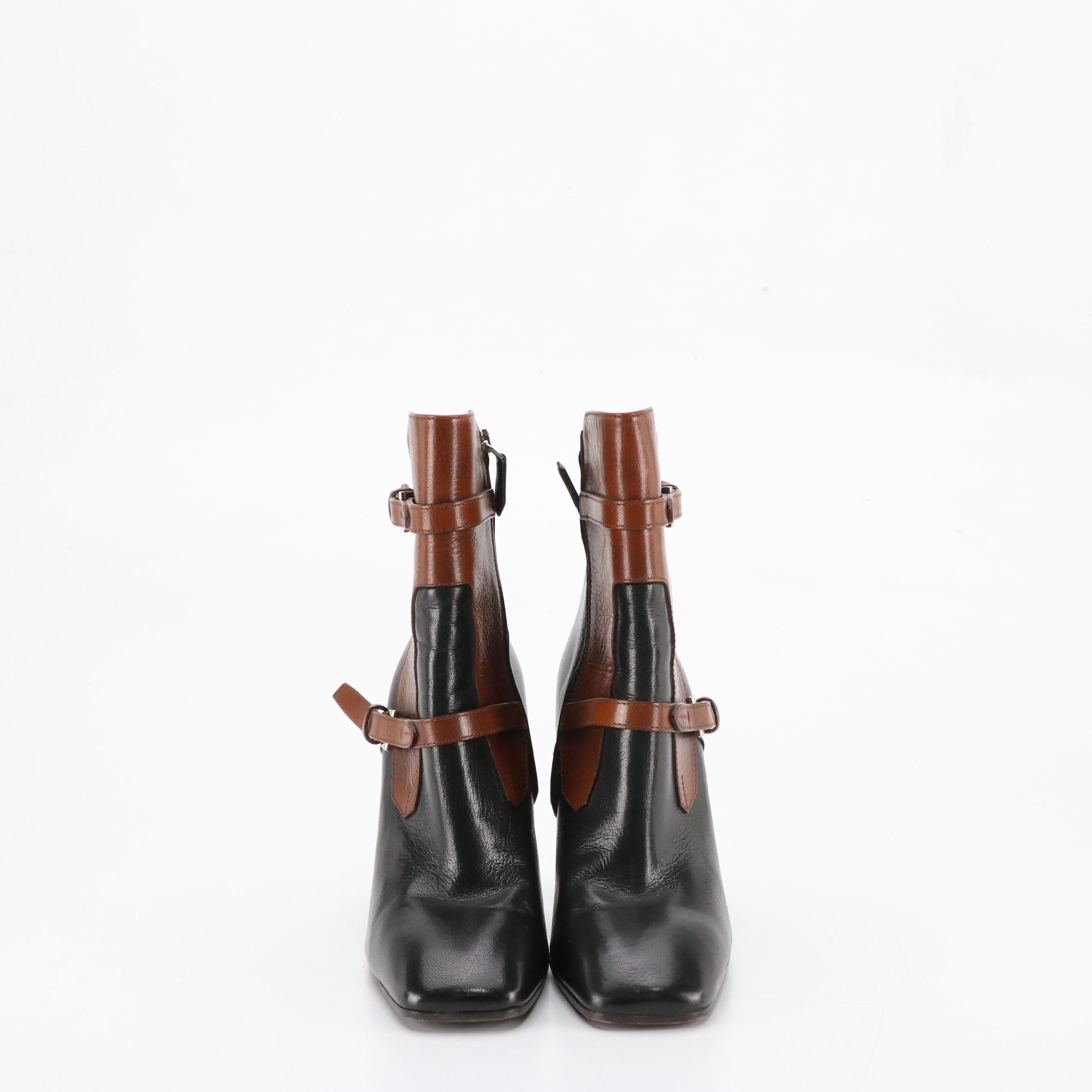Prada Shiny Two-Tone Leather Ankle Boots with Buckle Strap Details