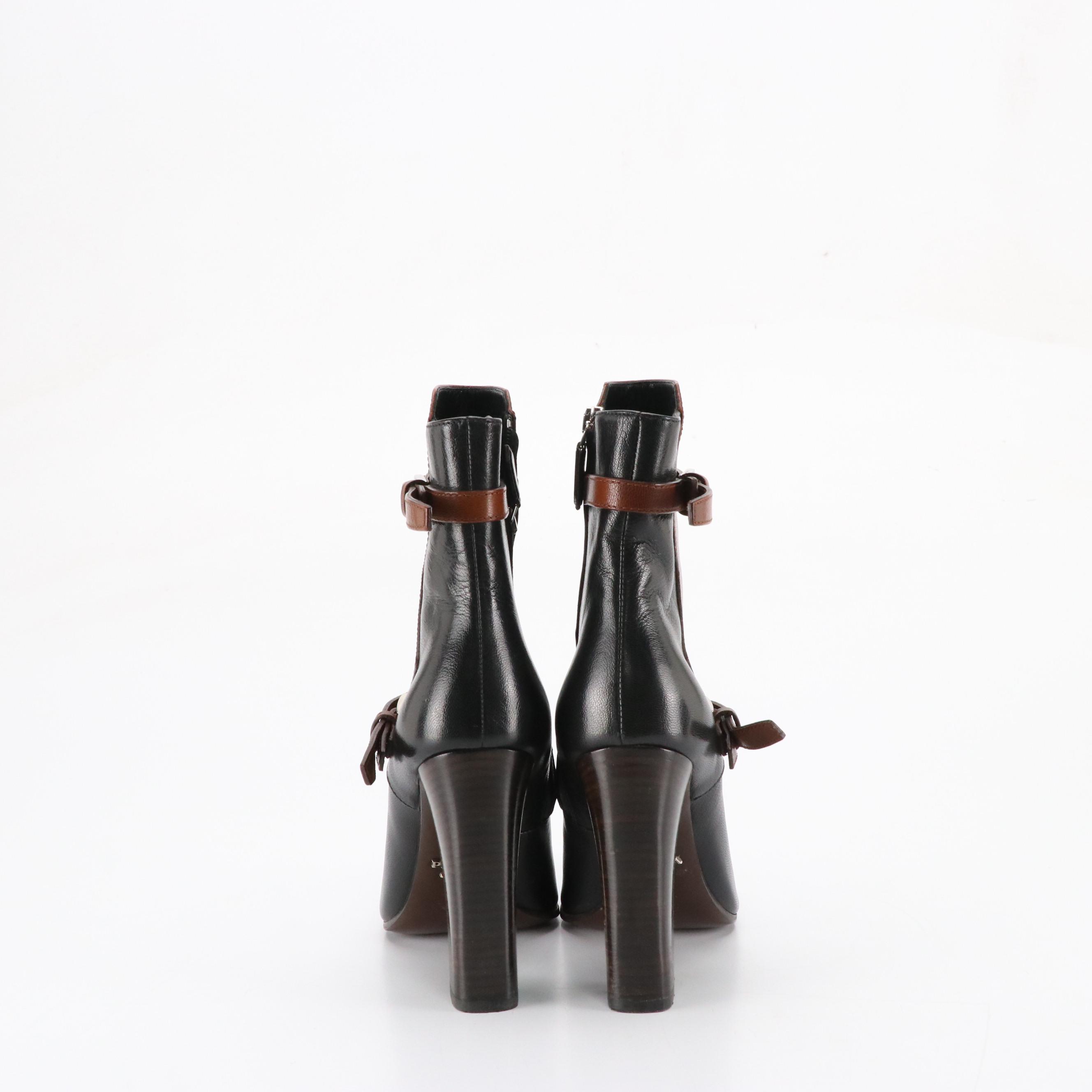 Prada Shiny Two-Tone Leather Ankle Boots with Buckle Strap Details