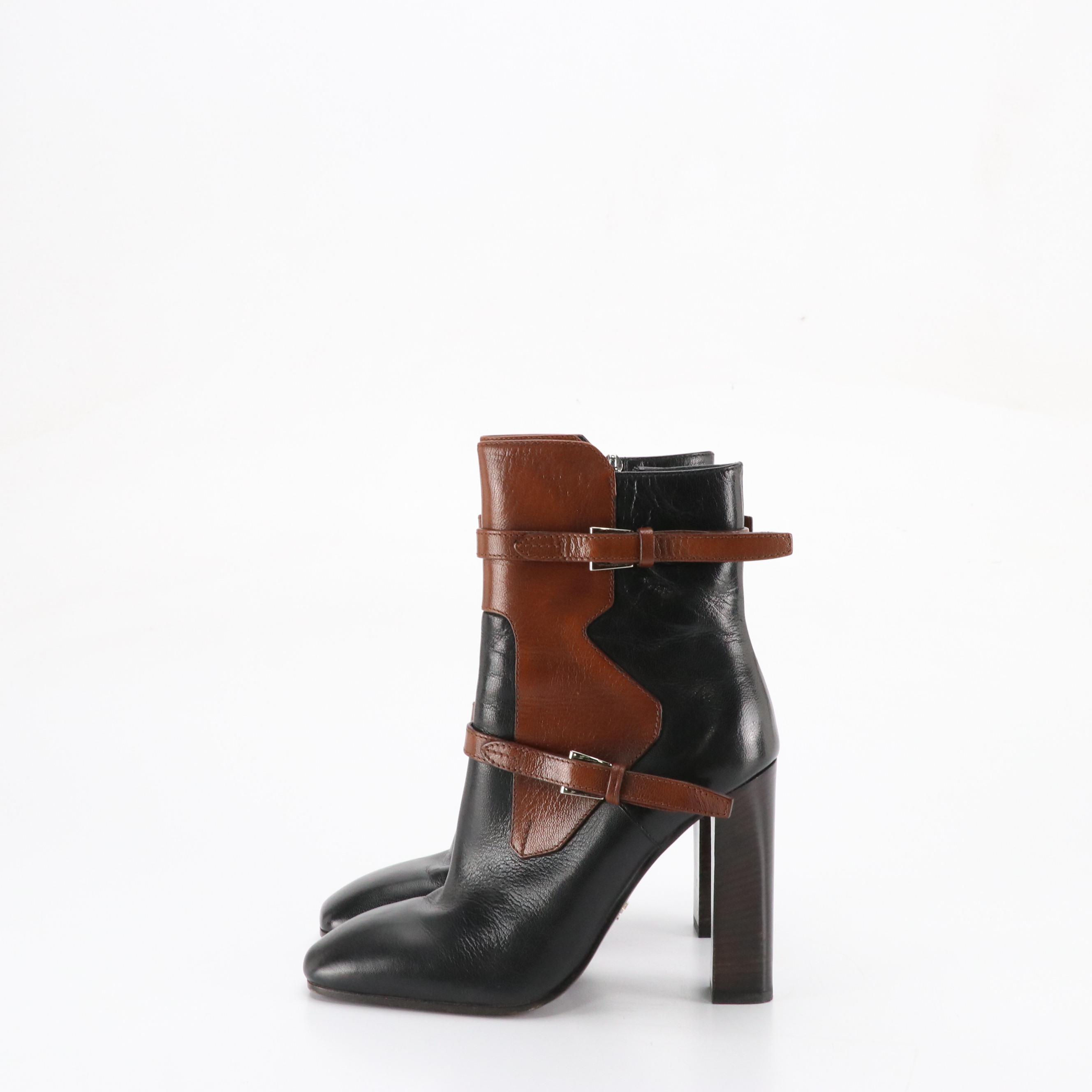 Prada Shiny Two-Tone Leather Ankle Boots with Buckle Strap Details