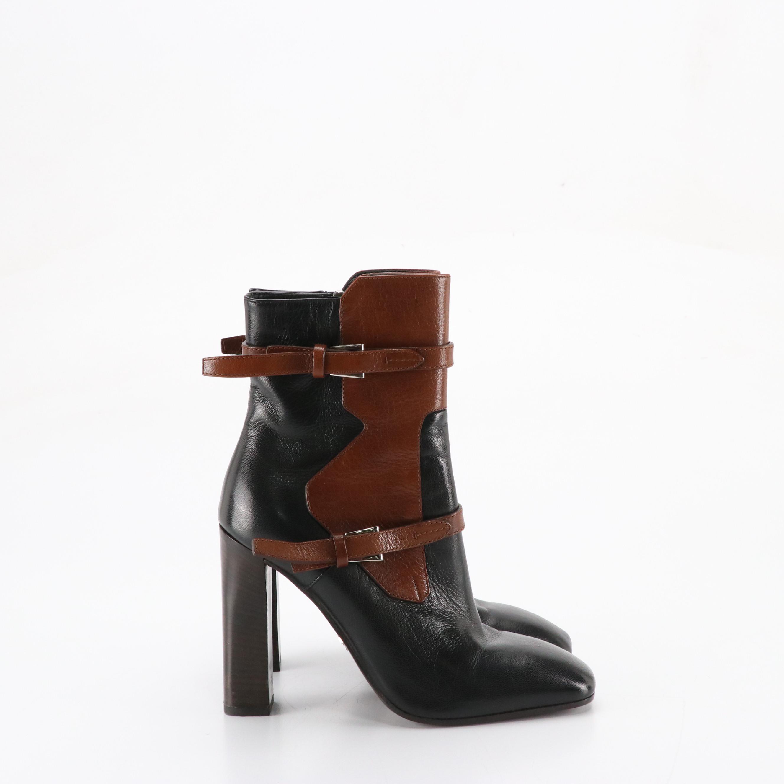 Prada Shiny Two-Tone Leather Ankle Boots with Buckle Strap Details