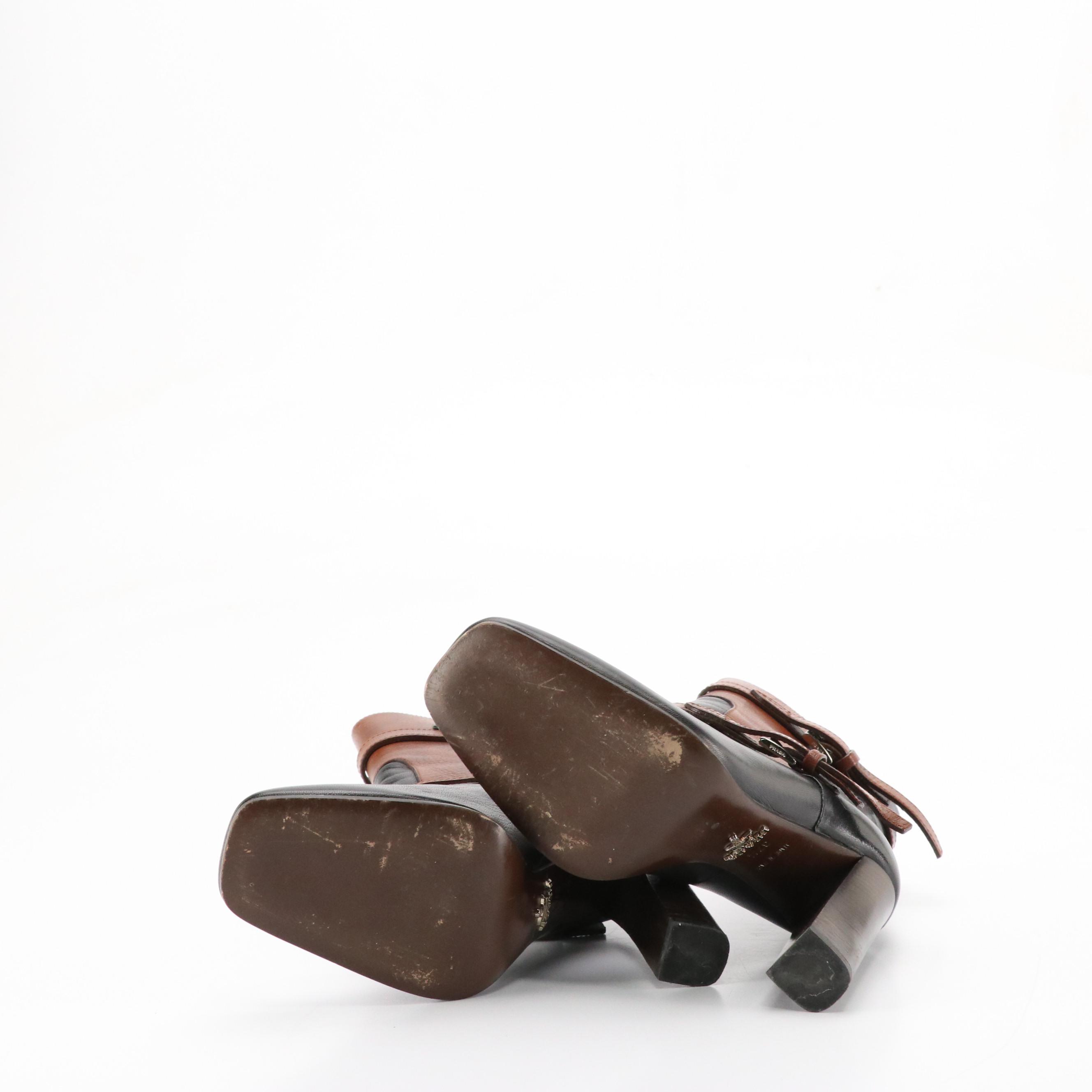 Prada Shiny Two-Tone Leather Ankle Boots with Buckle Strap Details