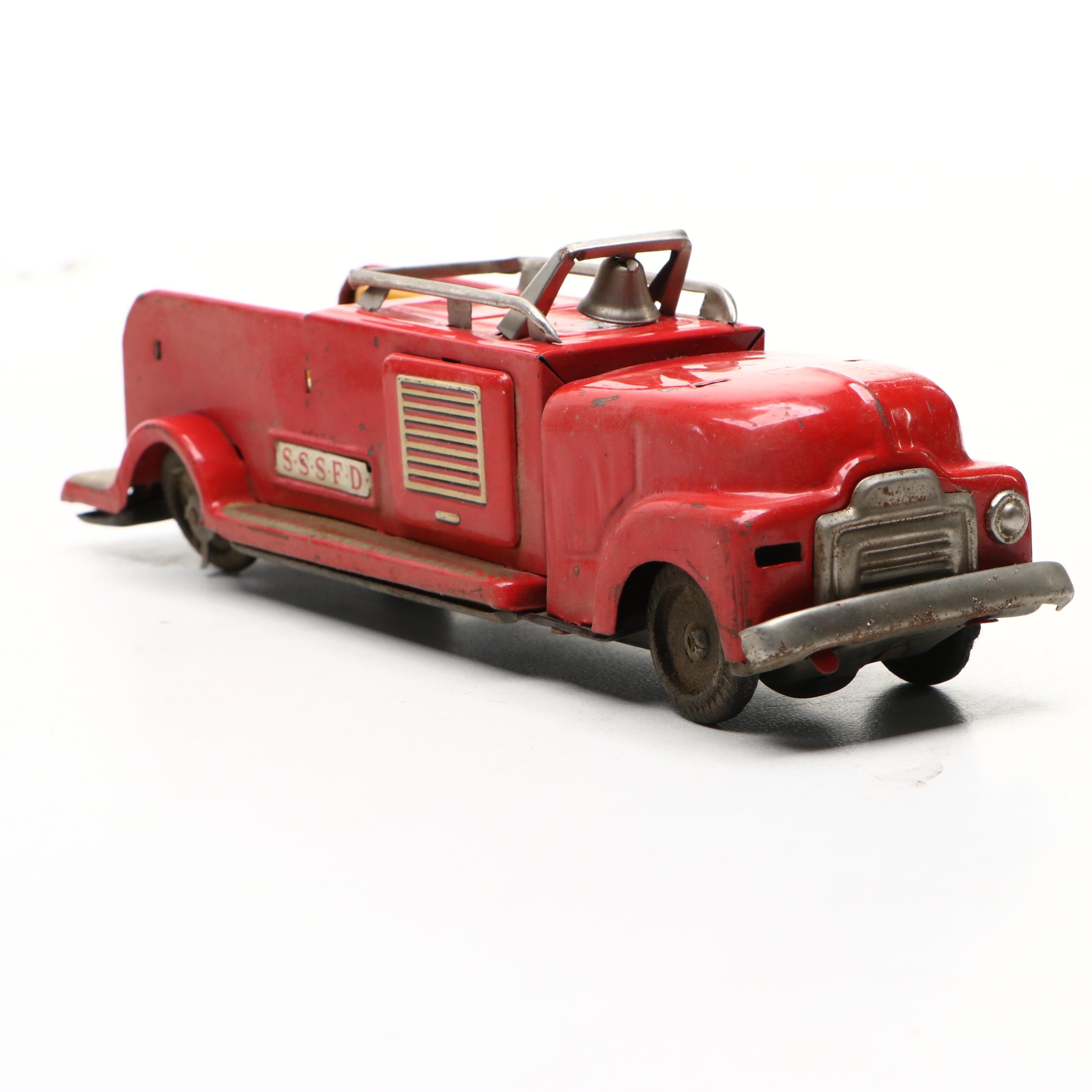 Modern Toys "Pigeon World Line" Toy Bus with Firetrucks, Mid-20th Century